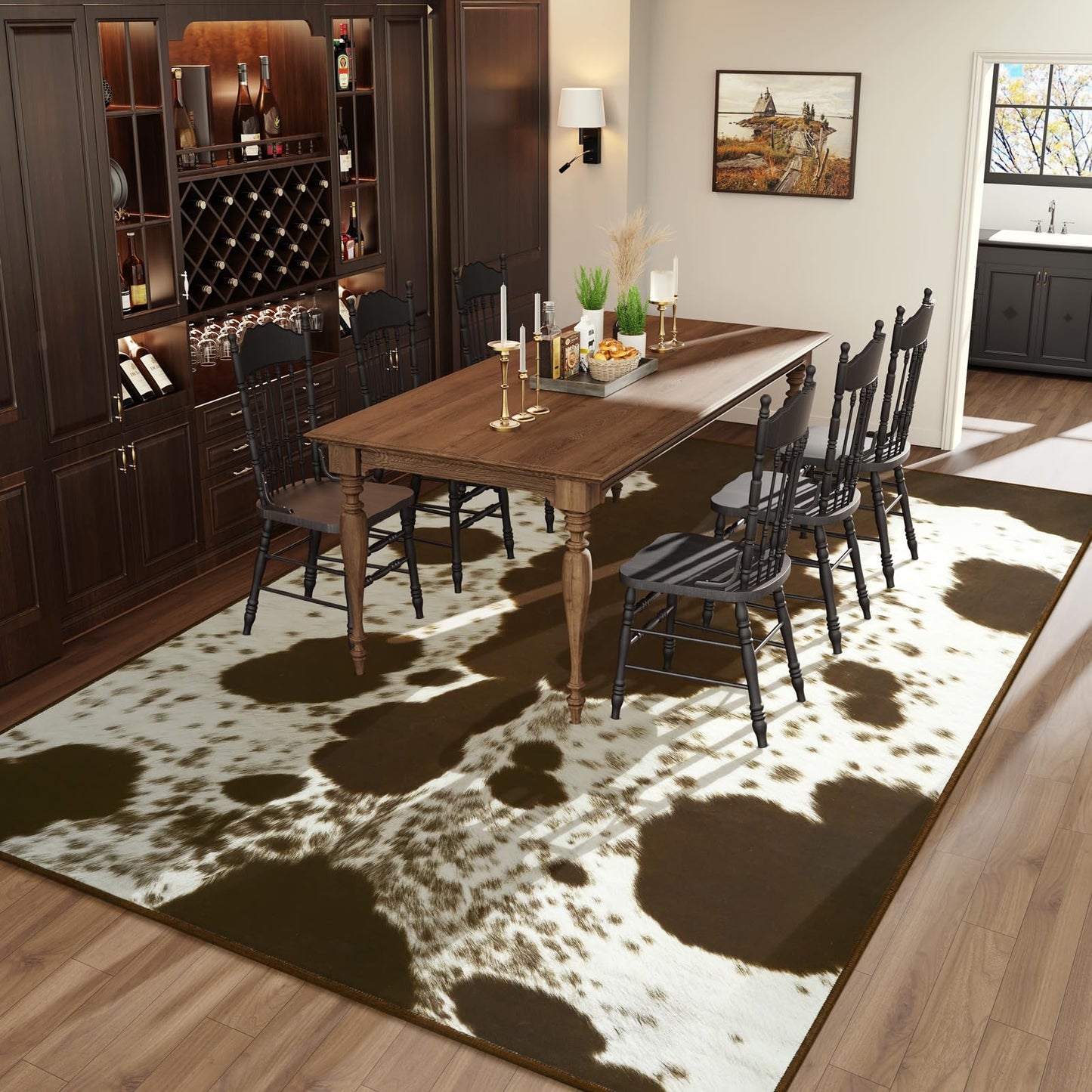 Amearea Faux Cowhide Rugs for Living Room, 5x7 Feet Machine Washable Cow Print Area Rug for Bedroom, Premium Western Home Decor Animal Print Non-Slip Throw Rug Carpet for Dining Room Kitchen Office