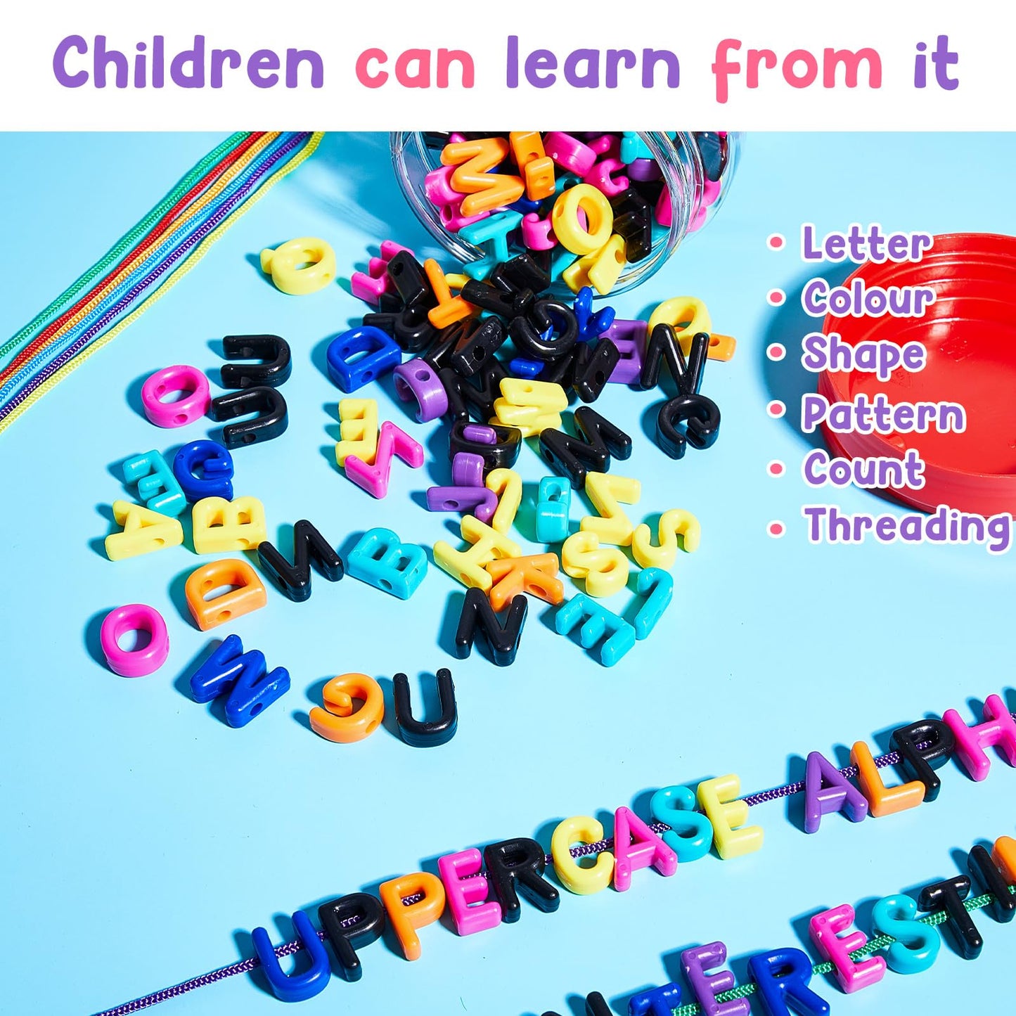 Wesiti 408 Pcs Lacing Letters Alphabet Learning Toys Toddler ABC Alphabet Beads Lacing Toy Fine Motor Skills Toys for Preschool Games Homeschool Supplies Early Spelling (Uppercase Letters)
