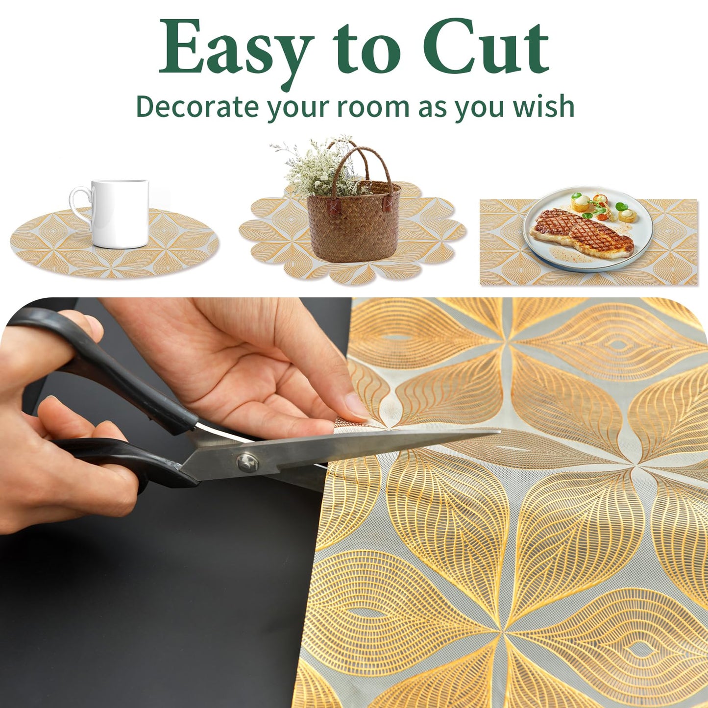 3D Drawer and Shelf Liner for Kitchen Cabinet: 17 in X 30 Ft Waterproof Shelf Paper Non Adhesive Refrigerator Liners Golden Leaf Easy Liners for Bathroom with Knife Tape Measure
