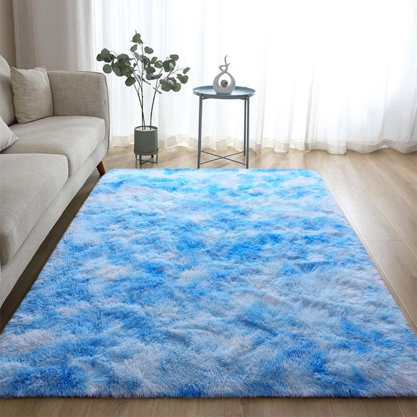 DweIke Fluffy Blue Shag Rugs for Bedroom Living Room, 6x9 Large Soft Plush Tie-Dyed Light SkyBlue Girls Boys Kids Rug, Upgraded Non-Slip and Machine Washable Carpet for Dorm Nursery Classroom Decor
