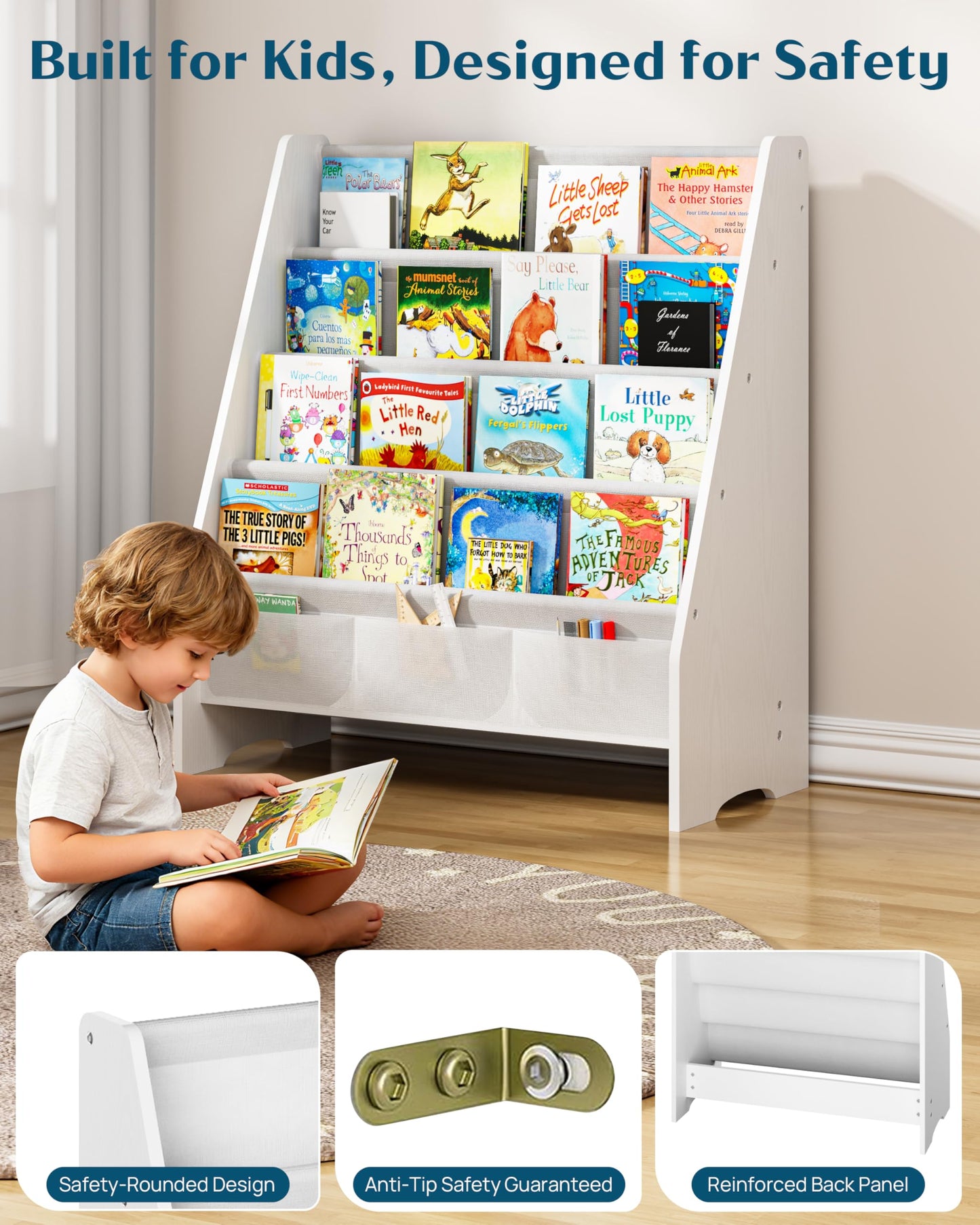 SEIRIONE Sturdy Kids Bookshelf,4-Tier Book Shelf for Kids Room with Tear-Proof Oxford Fabric-Nursery Room Playroom Classroom,Deep Slings to Keep Books Upright,Ideal Height for Toddler Age 3+, White