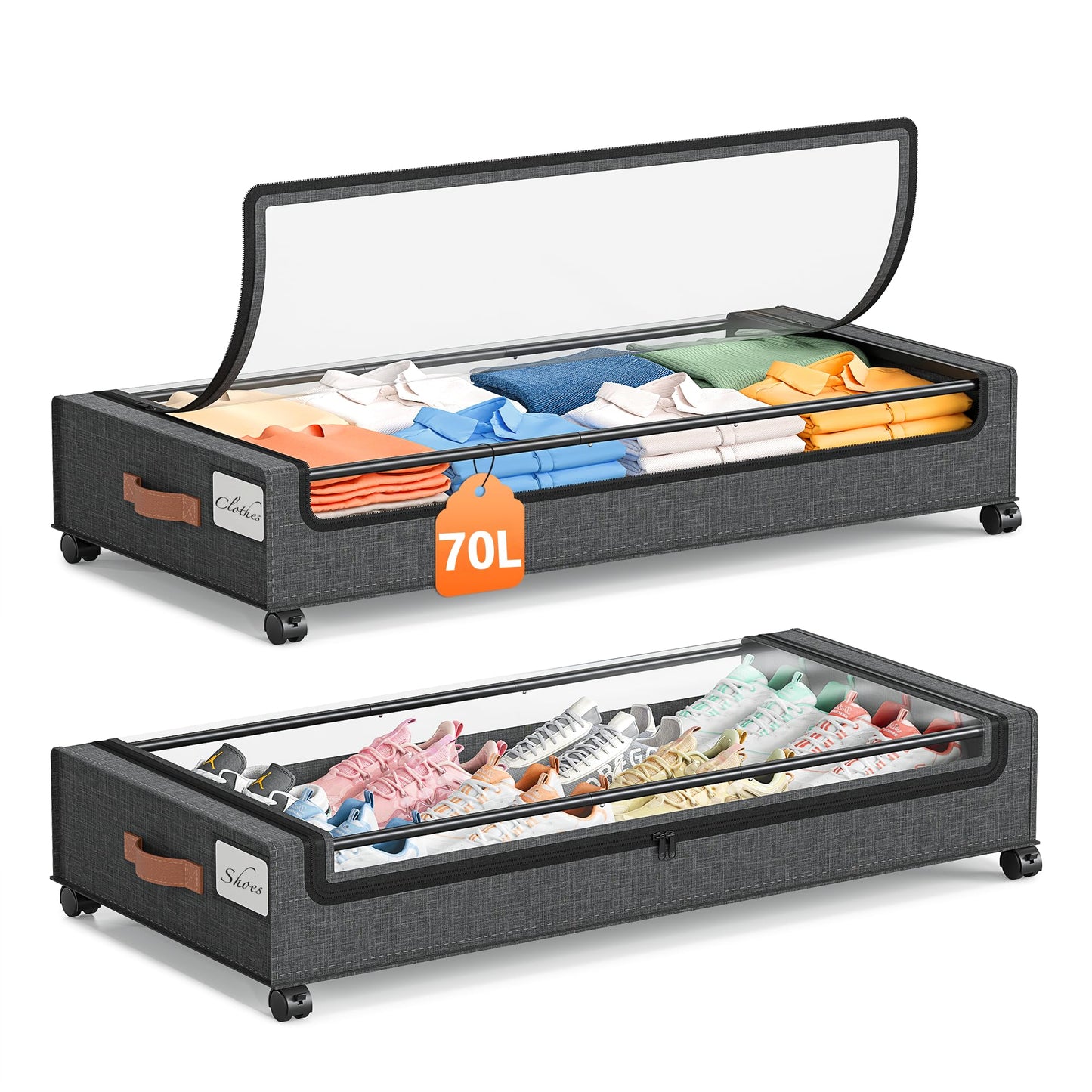 Yecaye 70L Under Bed Storage with Wheels, 2Pack Larger Capacity Under Bed Storage Containers, Underbed Shoe Storage Organizer, Rolling Under Bed Metal Drawers for Clothes, Blankets(35.5 x 17 x 6.7in)