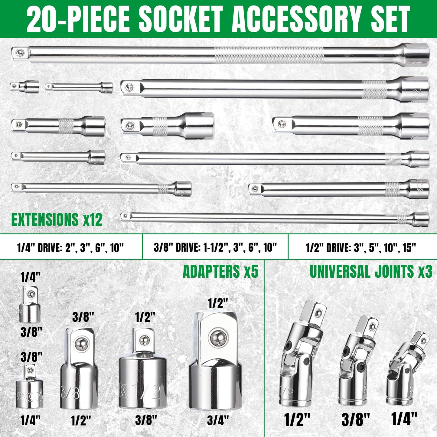 SK 20 Piece Socket Extension Set, 1/4", 3/8" and 1/2" Drive Extension Bar, Swivel Universal Joints and Adapters, SuperKrome Finish, Premium CR-V Construction