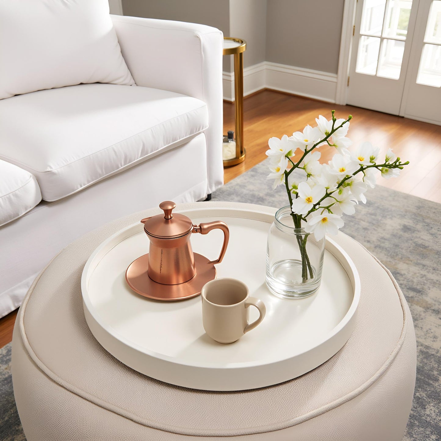 QAVOL 20 Inch Round Ottoman Tray - Faux Leather Large Serving Tray for Couch/Coffee Table, Family Dinner, Picnic, Party Decor (20 inch Beige)