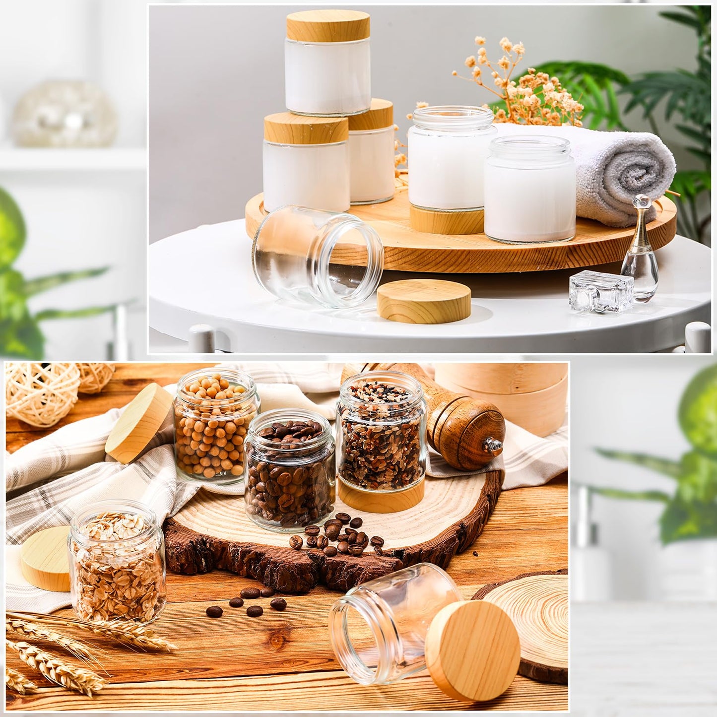 Norme 24 Pcs Glass Jars with Lids Empty Small Containers with Lids Inner Liners Reusable Cosmetic Jars Round Airtight Glass Bottles with Plastic Woodgrain Lids for Travel (4 Oz)