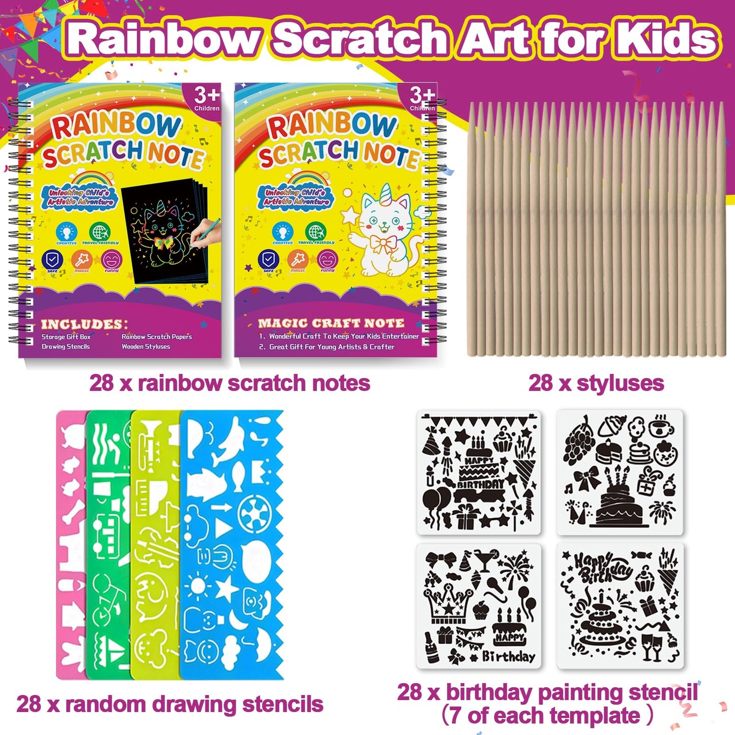 HXDOGSP Scratch Art for Kids: 28 Pack Rainbow Scratch Notebook for 4-8 Years Old Children, Kids Party Accessories, 8 Page