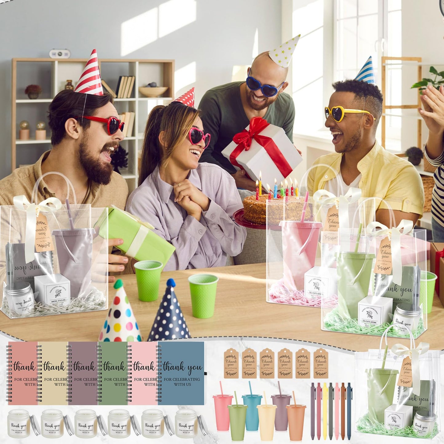 Nuogo 6 Sets New Parent Shower Prizes for Player Winners Adults Include Plastic Tumbler Notebook Scented Candles Ballpoint Pen Gift Bag, Party Player Winner Gifts (Morandi Color,Classic Style)