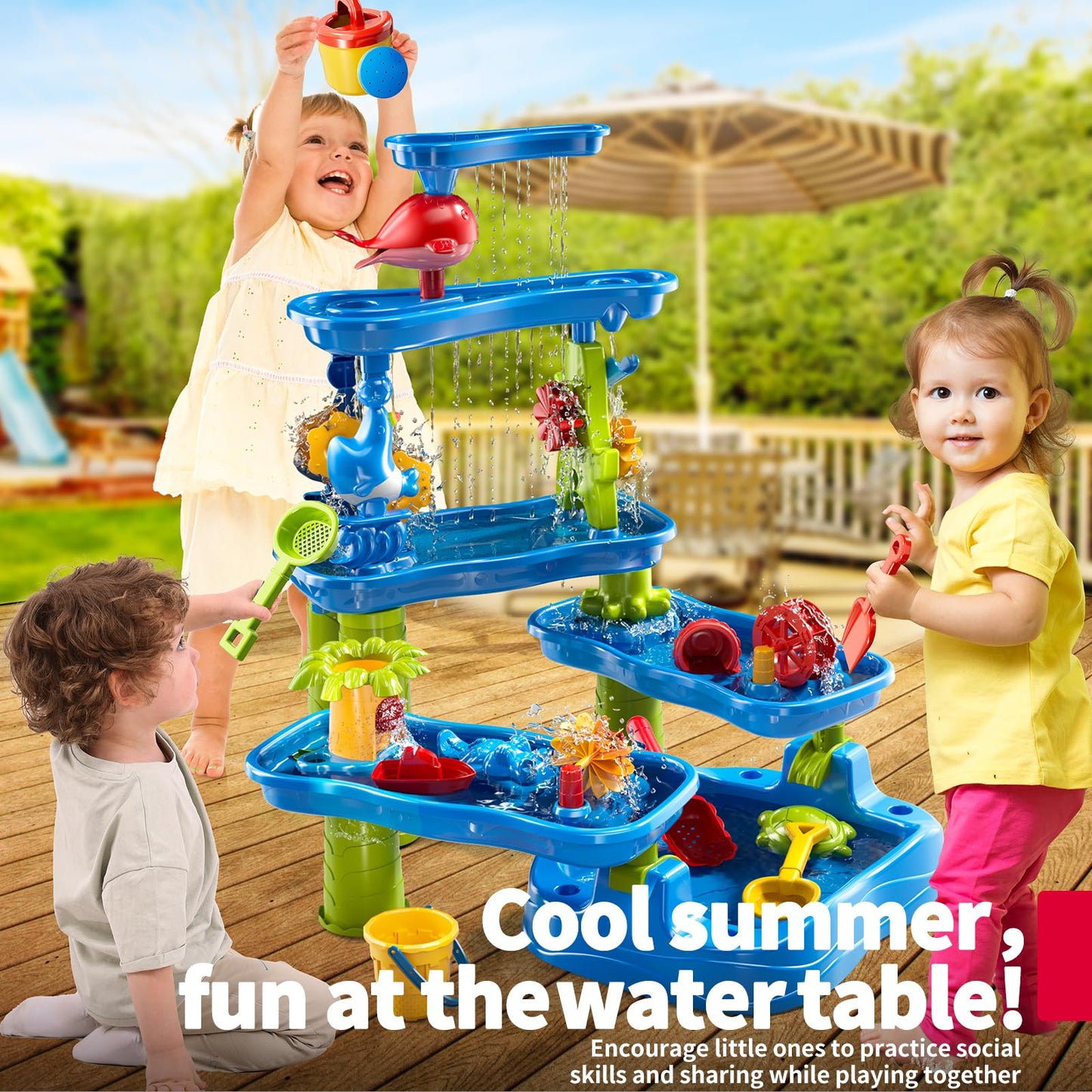5-Tier Water Table for Toddlers Kids 3-5 4-8, Sand and Water Play Set with Rain Showers Pond, Summer Outdoor Toys Beach Toys Water Sensory Table, Birthday Party Gifts for Kids Boys Girls