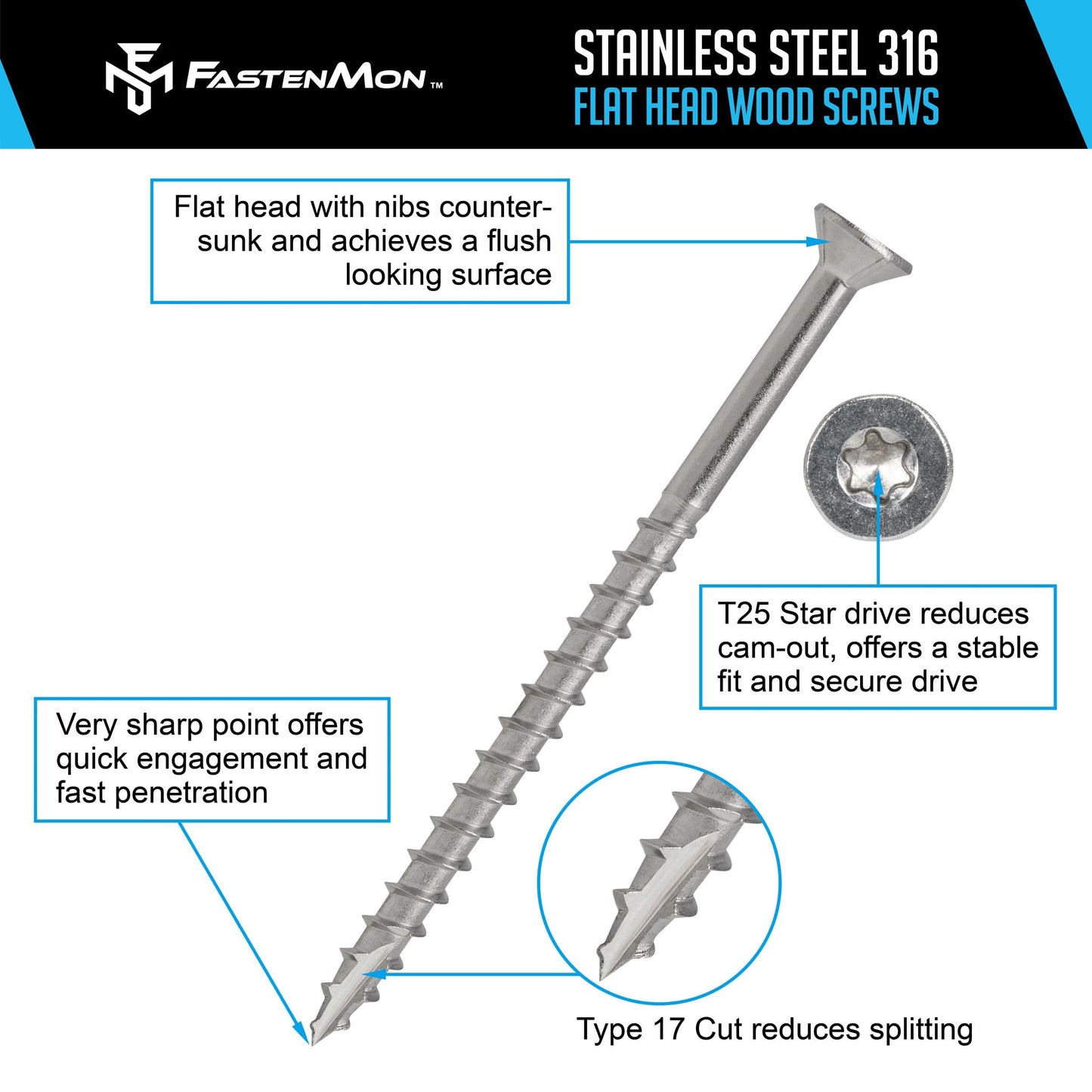 FM FastenMon #10 x 3 Marine Grade Type 316 Stainless Steel Wood Screws - 300 Pack with T25 Bit – Torx Flat Head Type 17 Point Ideal for Decks, Fences, and Coastal Construction