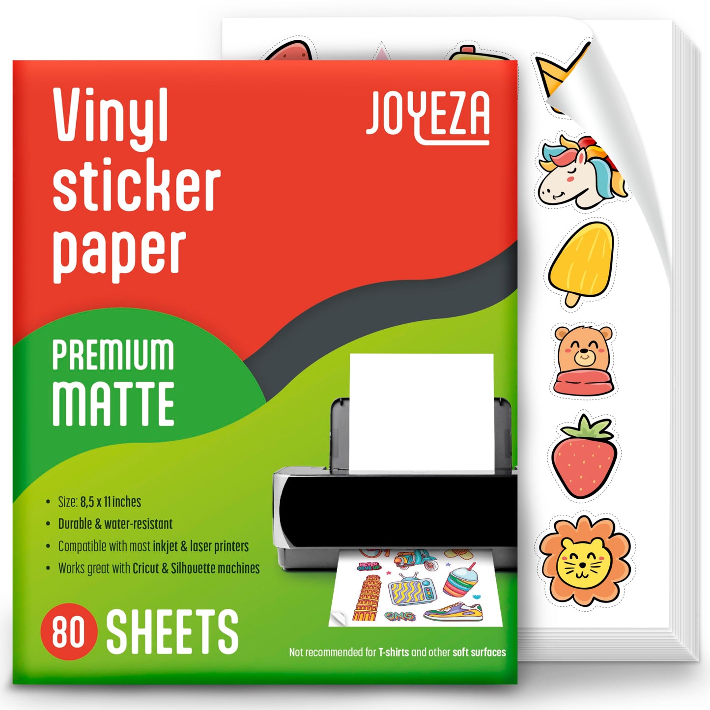 JOYEZA Premium Printable Vinyl Sticker Paper for Inkjet Printer - 80 Sheets Matte White Waterproof, Dries Quickly Vivid Colors, Holds Ink Well- Tear Resistant - Inkjet & Laser Printer