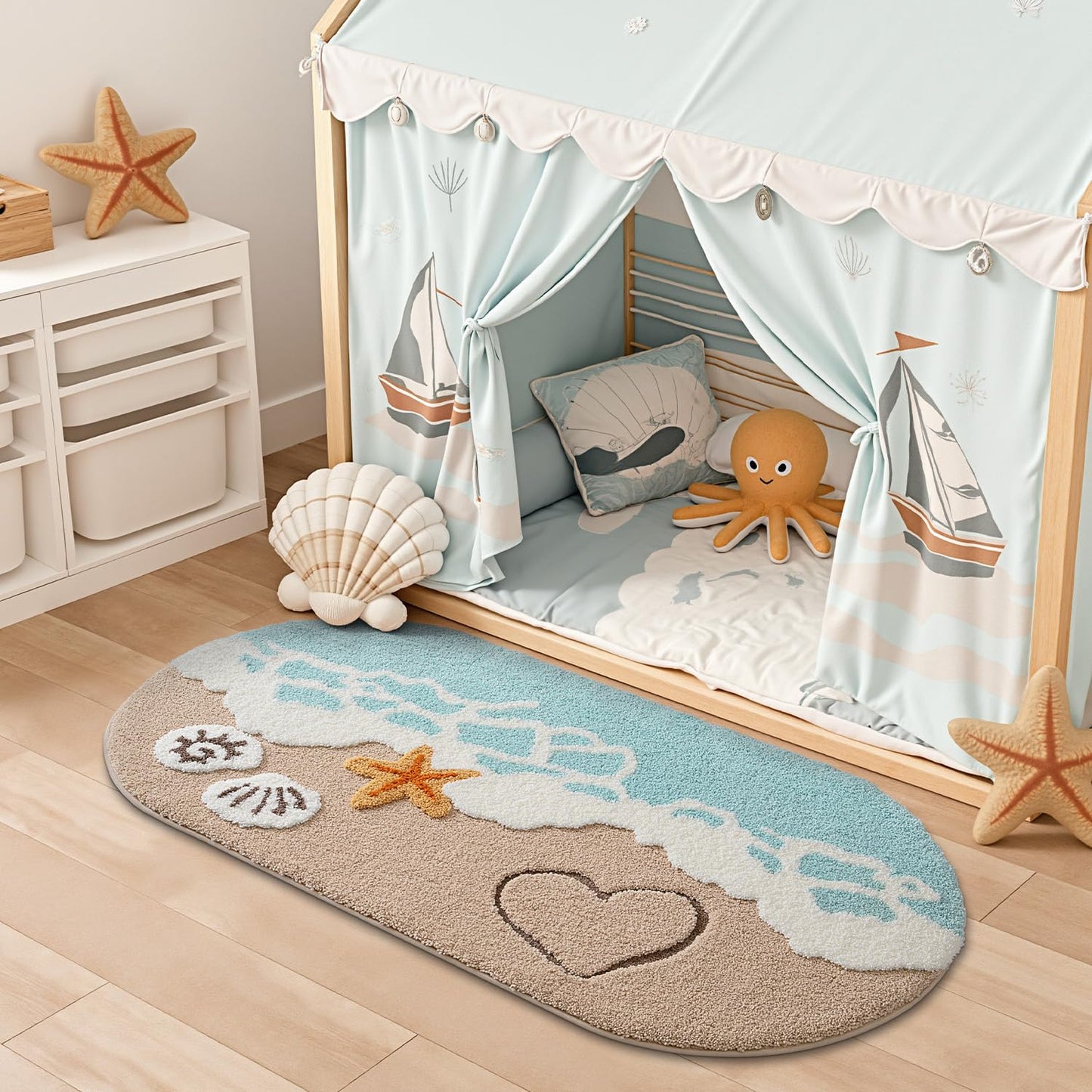 LUMI Extra Large Beach Bathroom Rugs, Non Slip Bath Mat Ultra Soft Washable Absorbent Quick Dry, Ocean Sea Theme Bath Rug with Starfish Shell for Shower Floor, Kitchen Decor, Kids Room, 30"x60"