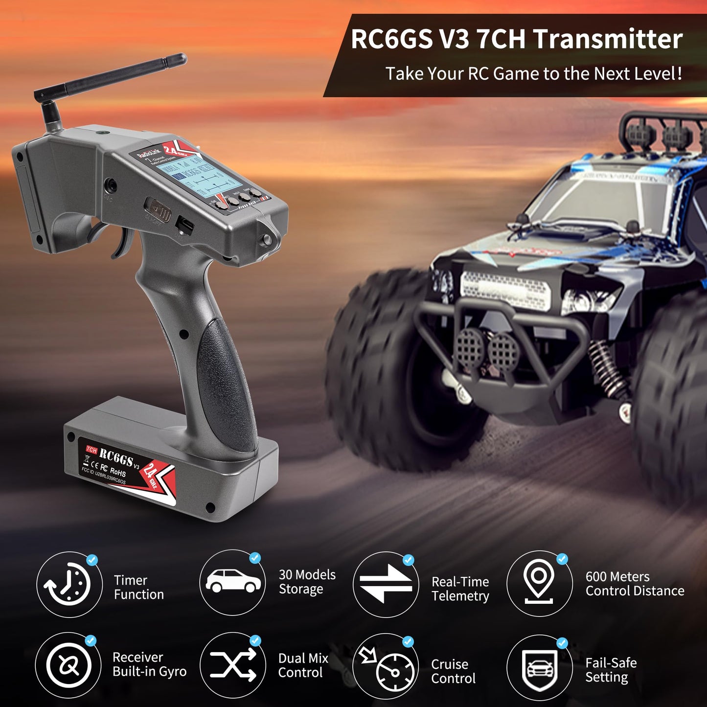 Radiolink RC6GS V3 7 Channels RC Radio Transmitter with R7FG & R6FG Gyro 2Pcs Receivers 2.4GHz 600m for Remote Control Car, Truck, Buggy, Racing Vehicle, Crawler, RC Boat