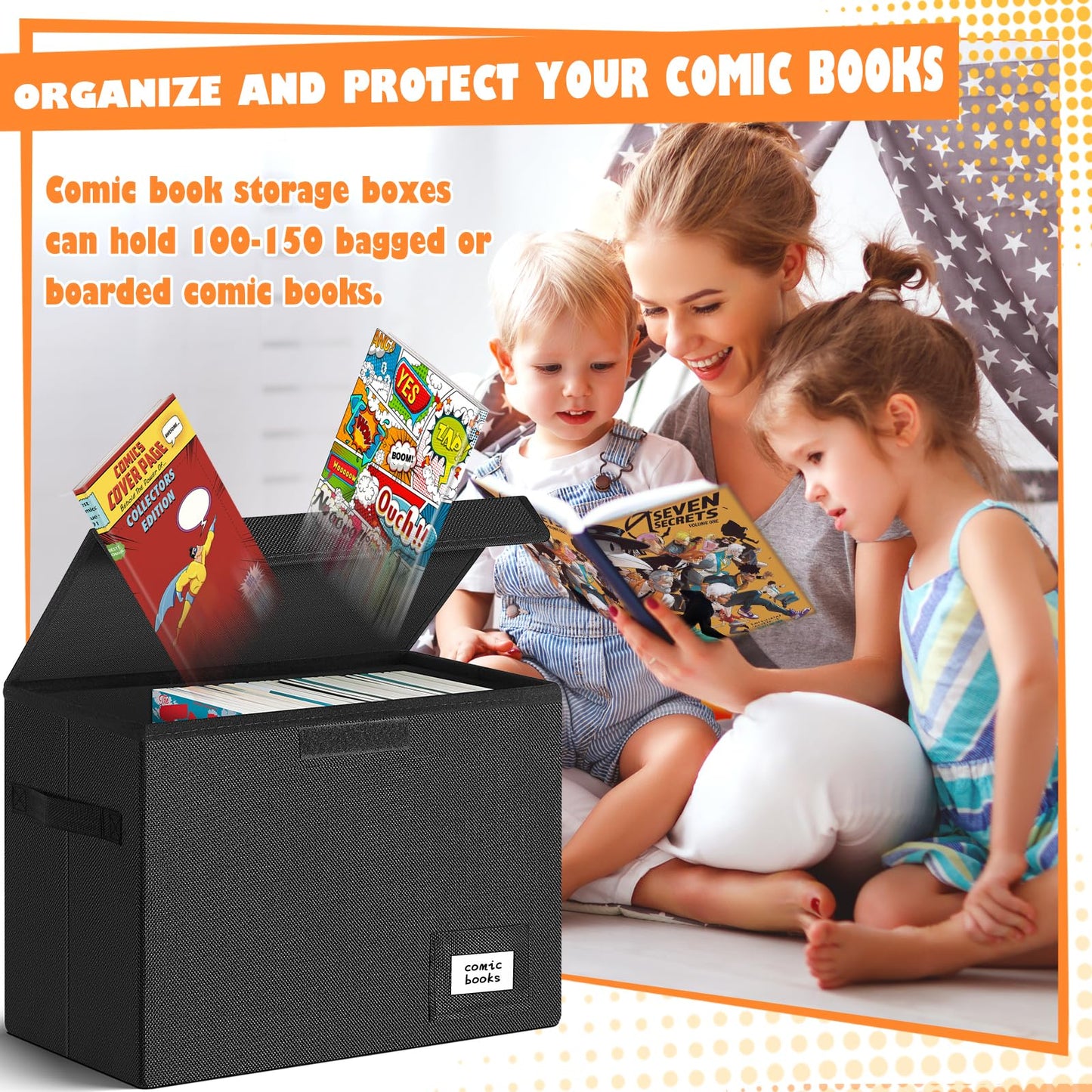 Leffis 4 Pack Comic Book Storage, Collapsible and Stackable Comic Short Box, Moistureproof Comic Box with Lid and Label Slot 15.5" X 7.5" X 11.3" Holds 150 Comics