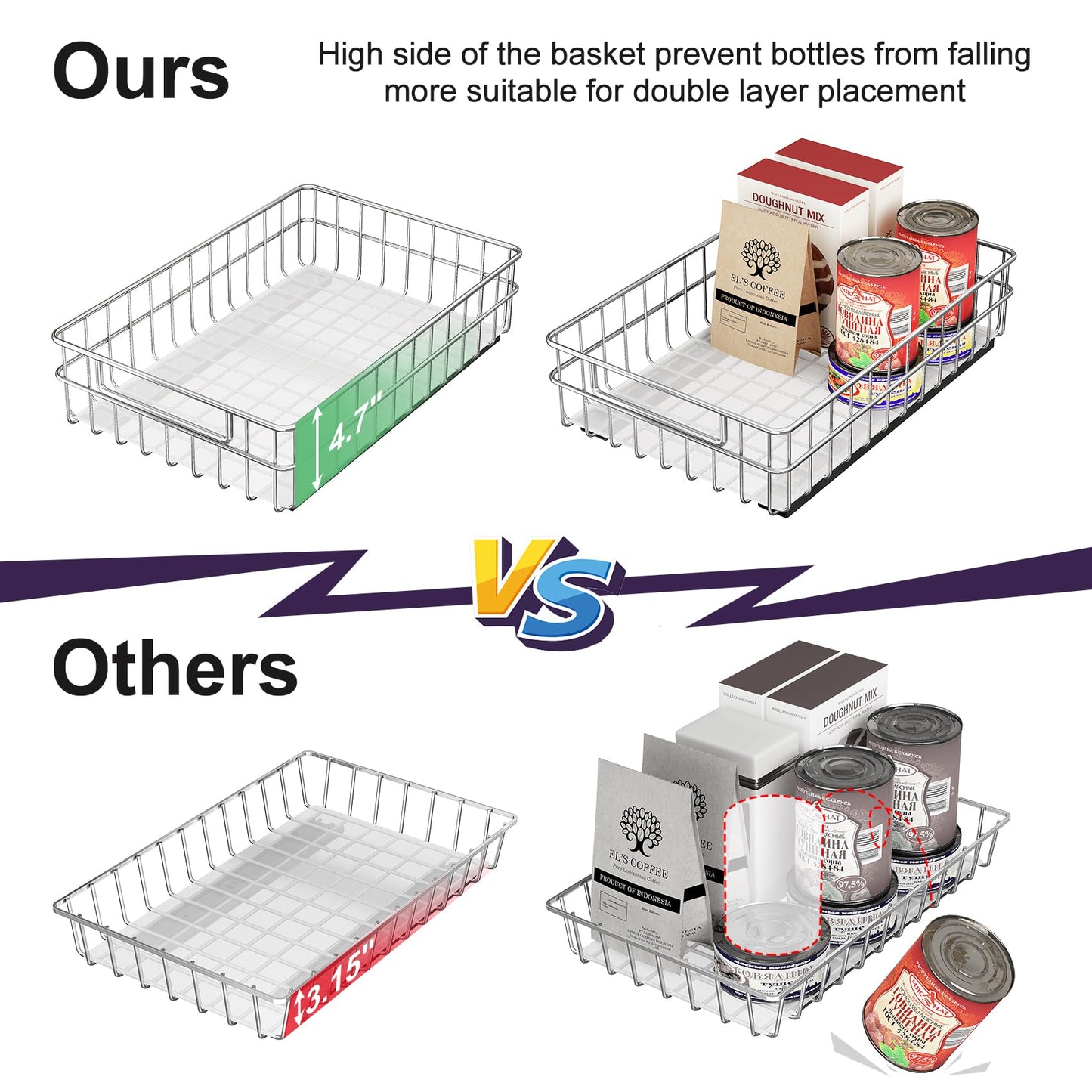 Pull out Cabinet Organizer, Stainless Steel 2-Pack Slide out Drawer with Silent Full-Extension Slides, Adhesive Roll out Can Spice Storage Basket Shelf Rack for Pantry, Kitchen, Bathroom, Home Closet