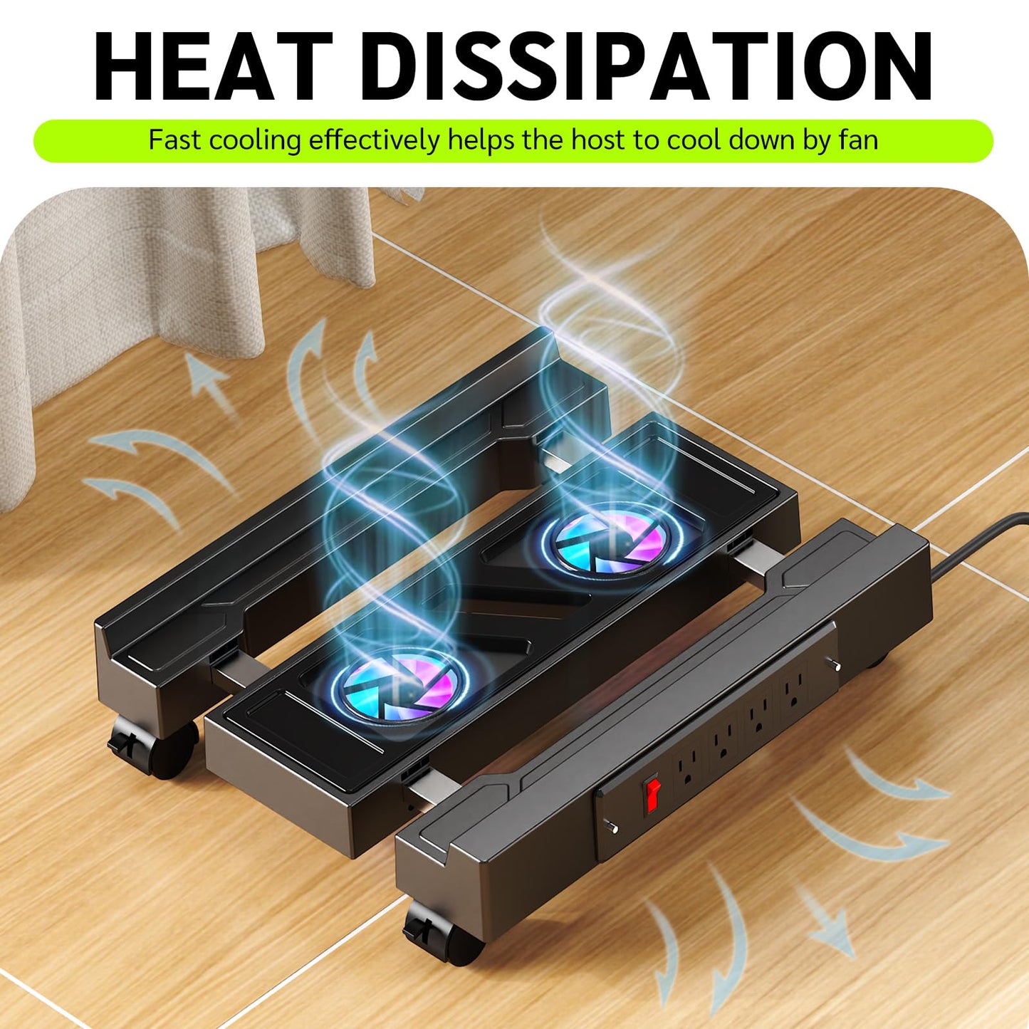 Adjustable CPU Holder with Charging Station and Cooling Fan with RGB Light,Mobile CPU Holder with 4 Rolling Casters, Under Desk CPU Bracket PC Floor Cart PC Riser for Office, Home (Socket with Fan)