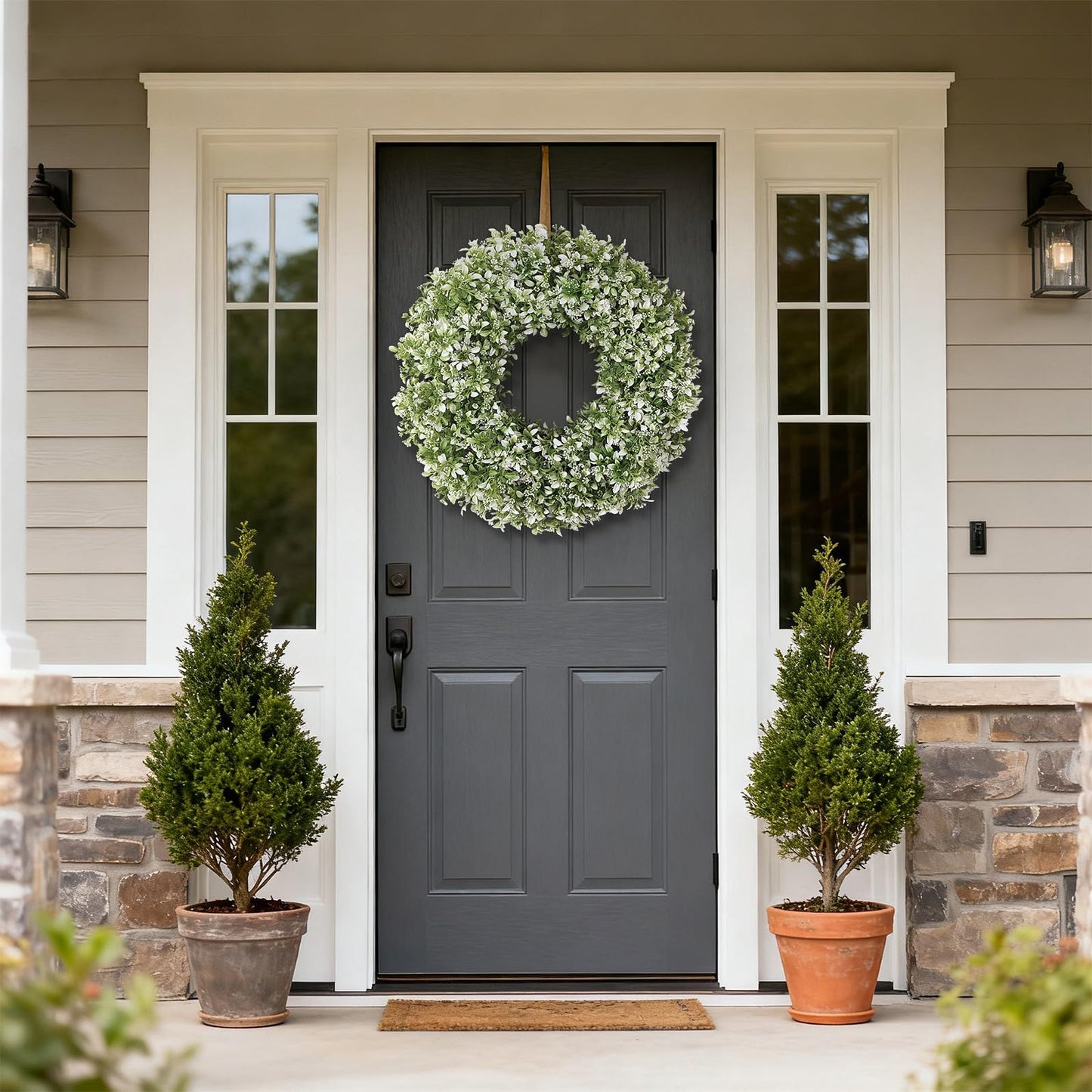 26" Artificial Boxwood Wreath for Front Door - Large Faux Aglaia Odorata Wreath, Fake Eucalyptus Leaves Plants for Wall Window Farmhouse Outdoor Decor - Spring, Summer, All Seasons (White-Green)
