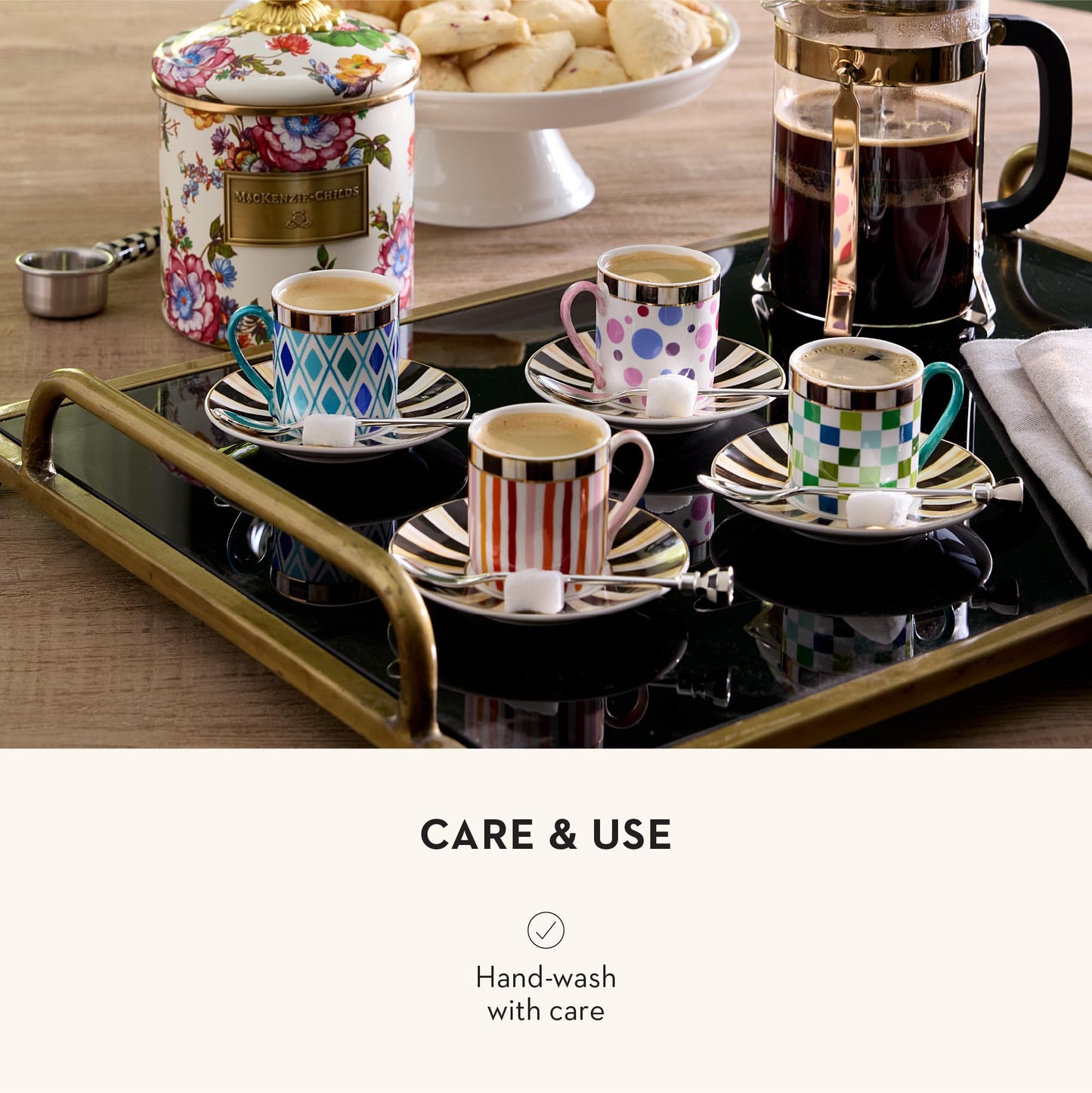 MACKENZIE-CHILDS Sweetheart Espresso Cup and Saucer Set, Cute Porcelain Espresso Cups and Saucers for Coffee, Set of 4