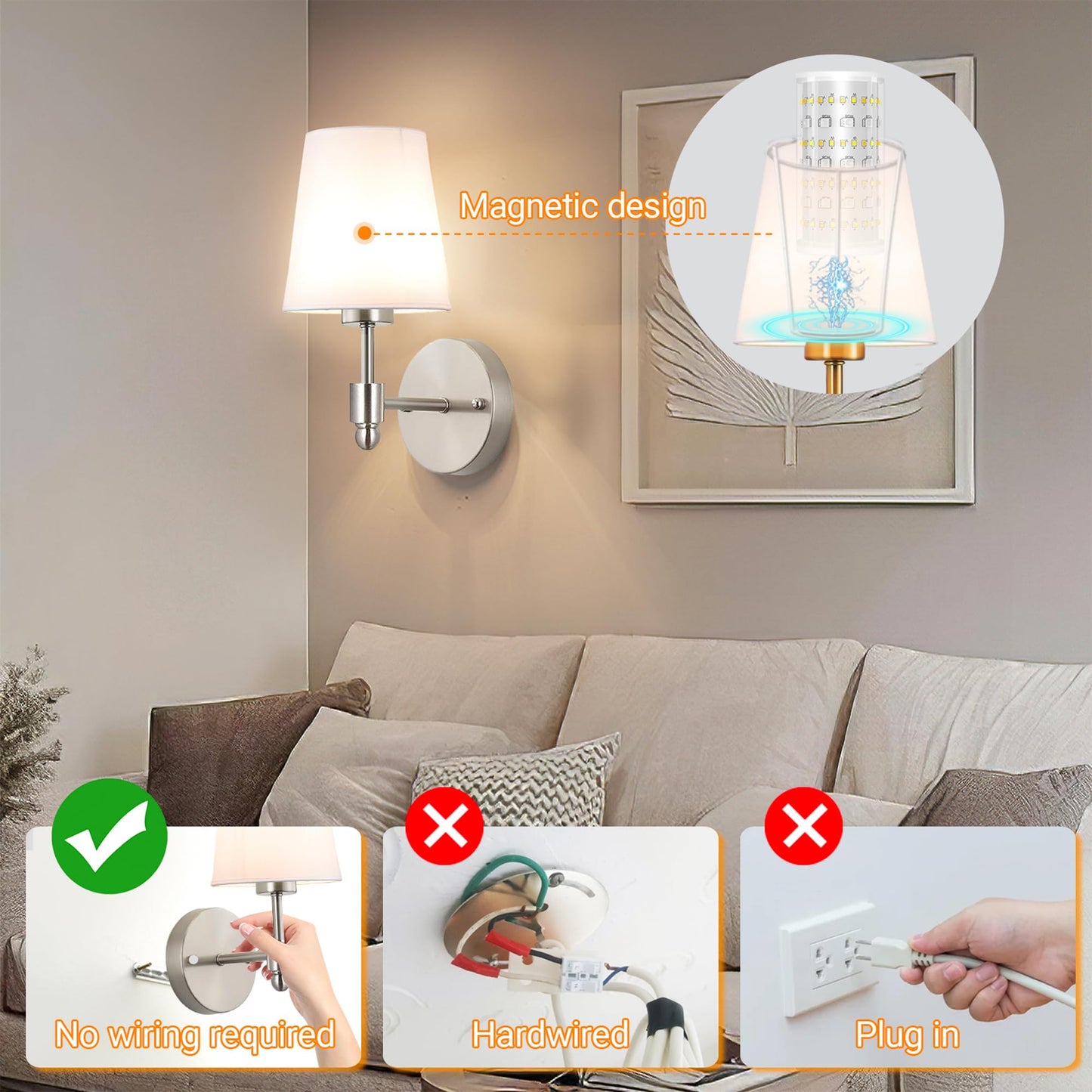 Battery Operated Wall Sconces Set Of 2, Wireless Battery Wall Light With 10000mAh RGB Rechargeable Magnetic Bulb, Rechargeable Wall Sconce With Remote Control For Bedroom, No Electrician Required