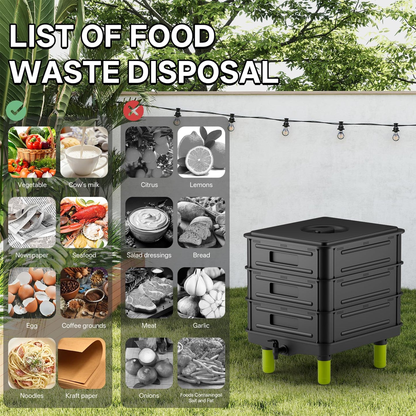 3-Layer Worm Composter, 50L Worm Compost Bin for Indoor & Outdoor, Worm Farm Starter Kits for Vermicomposting Starter, Garden Composting Bin for Recycling Food Waste (Black)