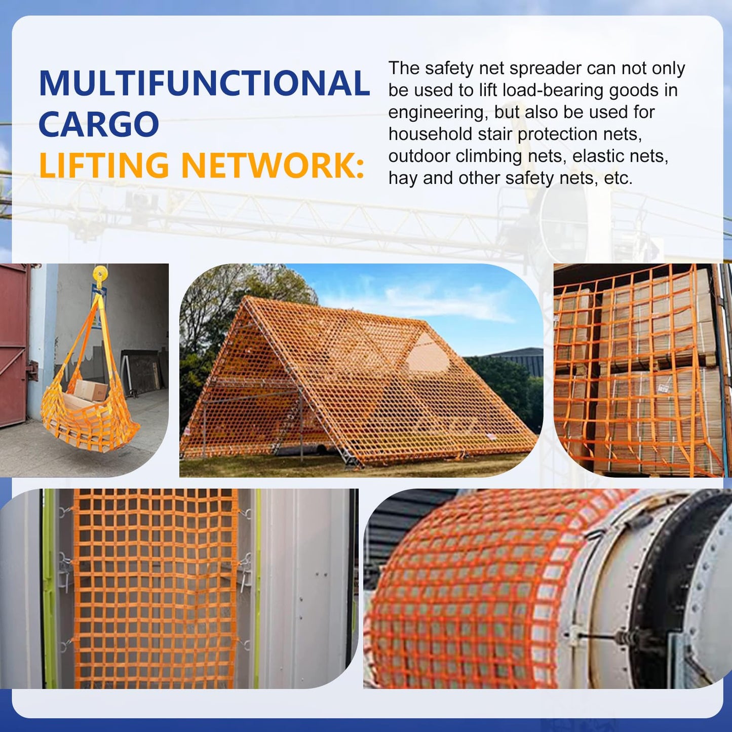 Safety Lifting Net Straps, Flat Nylon Sling Hoisting Net, 6.6' x 6.6'ft Cargo Lifting Nets, Lifting nets and Unloading Heavy Objects(Load:7800lbs) Sling Hoisting Net for Construction Rigging Moving