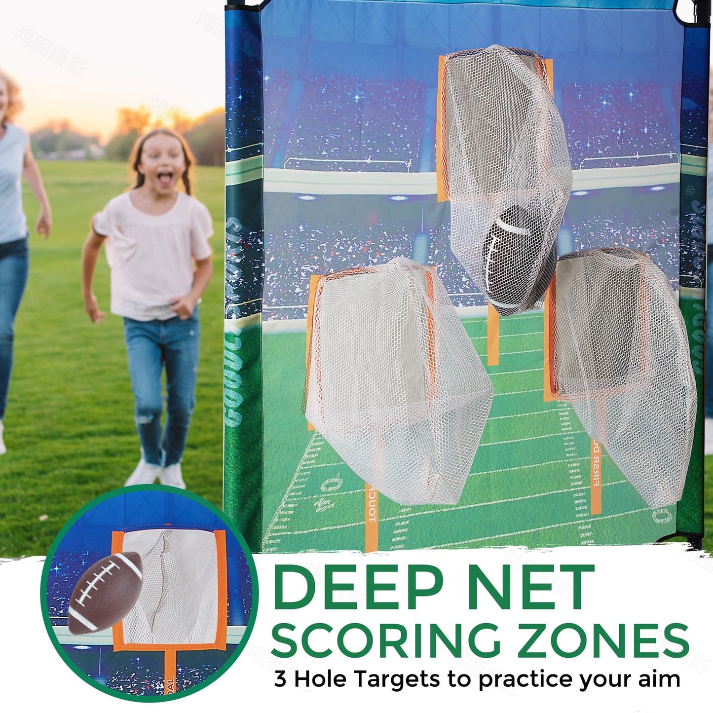 GOODLYSPORTS Football Toss Game with 4 Footballs, 66" Football Target, PVC Material, Green, Blue, Black, Classic Style, Indoor/Outdoor Use, 1+ Players, Target Tossing Game