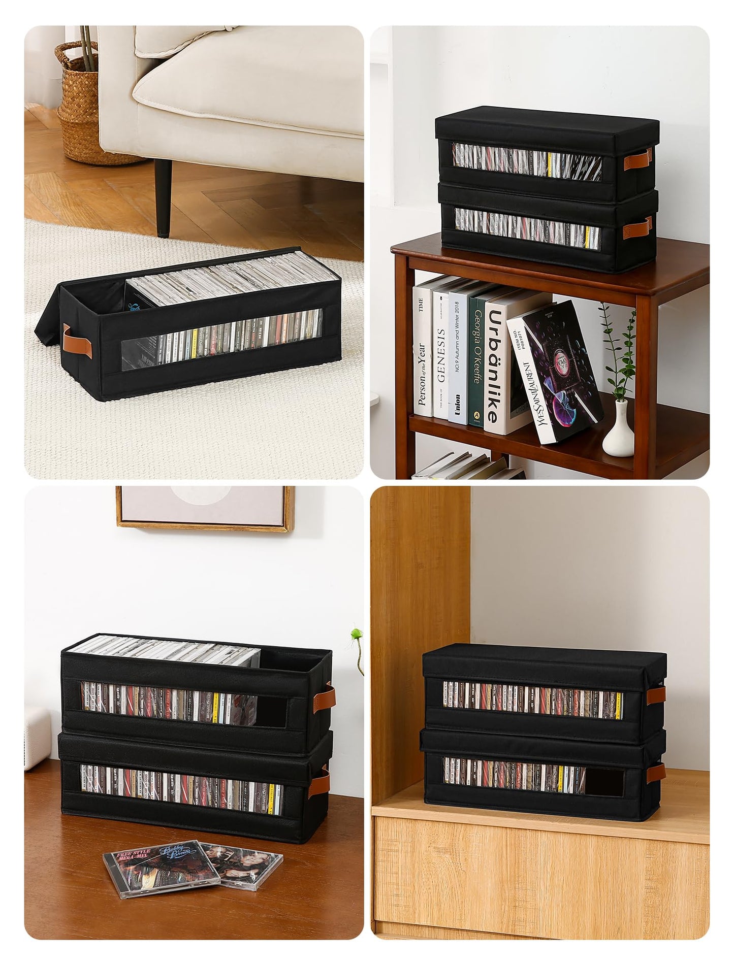 Coorganisers 4 Packs CD Storage Box with Visible Window, Stackable CD Case Holder with Dustproof Lid and Handles, Holds Up to 148 CDs in Full Jewel Cases-15.75 x 6.10 x 5.31 Inches-Black