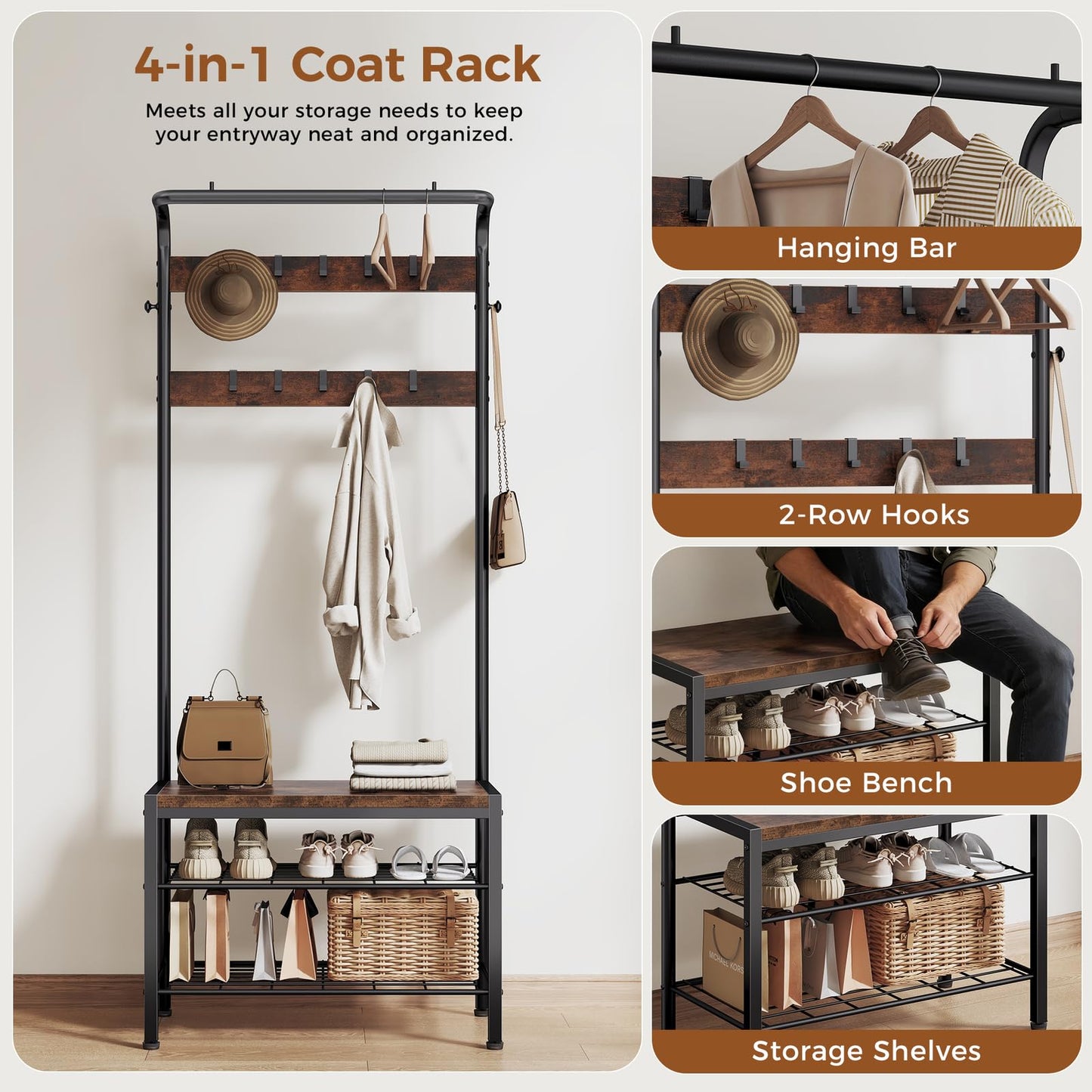 NEWBULIG Hall Tree with Shoe Bench and Coat Rack, 4-in-1 Entryway Organizer with 10 Hooks and Storage Shelf, Rustic Wood Finish Entryway Bench for Mudroom, Living Room, Bedroom, Brown
