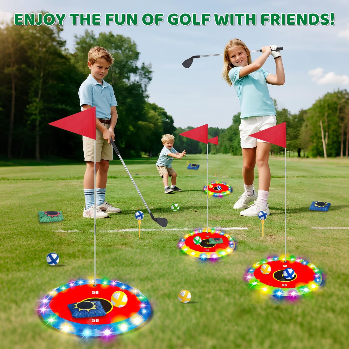 TERRAMUS Light Up Golf Play Set - Upgraded Backyard Golf Chipping Game with 6 LED Targets, 2 Clubs, 18 Balls, 6 Bean Bags, Night Golf Toys Gifts for Kids Golfers Family Indoor Outdoor Beach Lawn Park