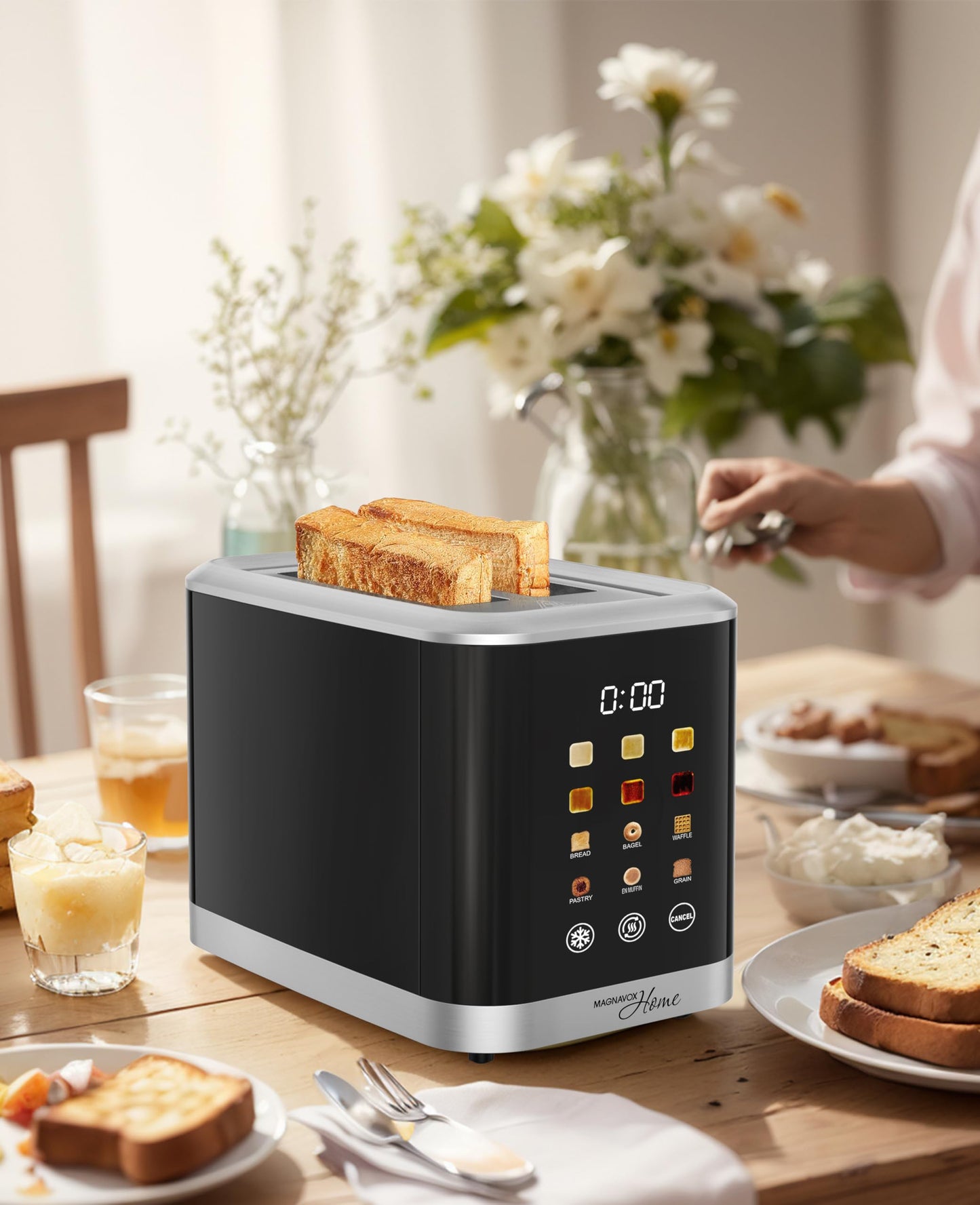 MAGNAVOX HOME, 2 Slice Smart Toaster, Touchscreen, Wide Slot for Bread, English Muffins, Croissants, and Bagels, 5 Adjustable Toast Settings, Cancel and Defrost, 6 Bread Types & Shade Settings
