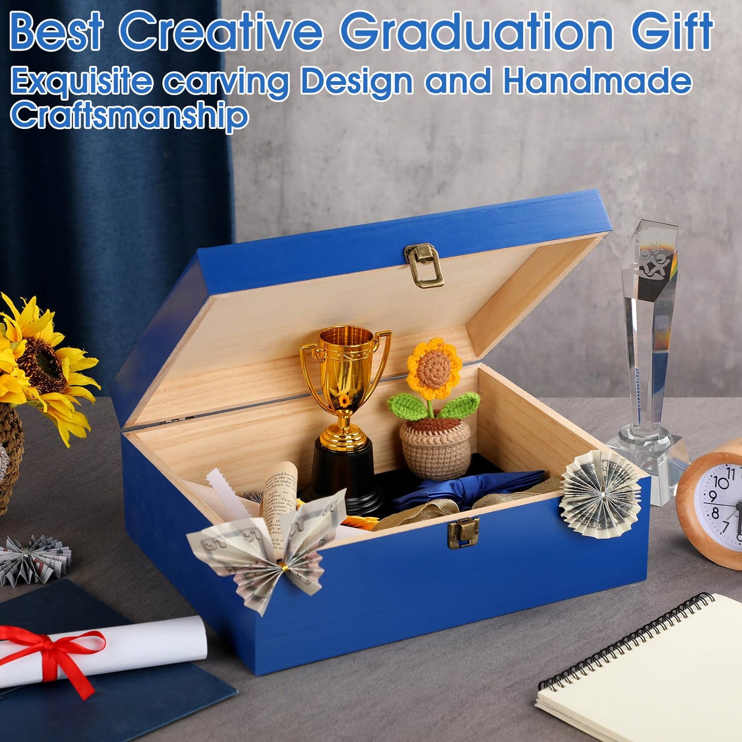 Geelin Graduation Keepsake Wooden Box Class of 2026 Graduation Cap Large Keepsake Box Graduate Wooden Engraving Memento Case for High School College Memory Gifts 13 x 10.5X 5inch(Blue)