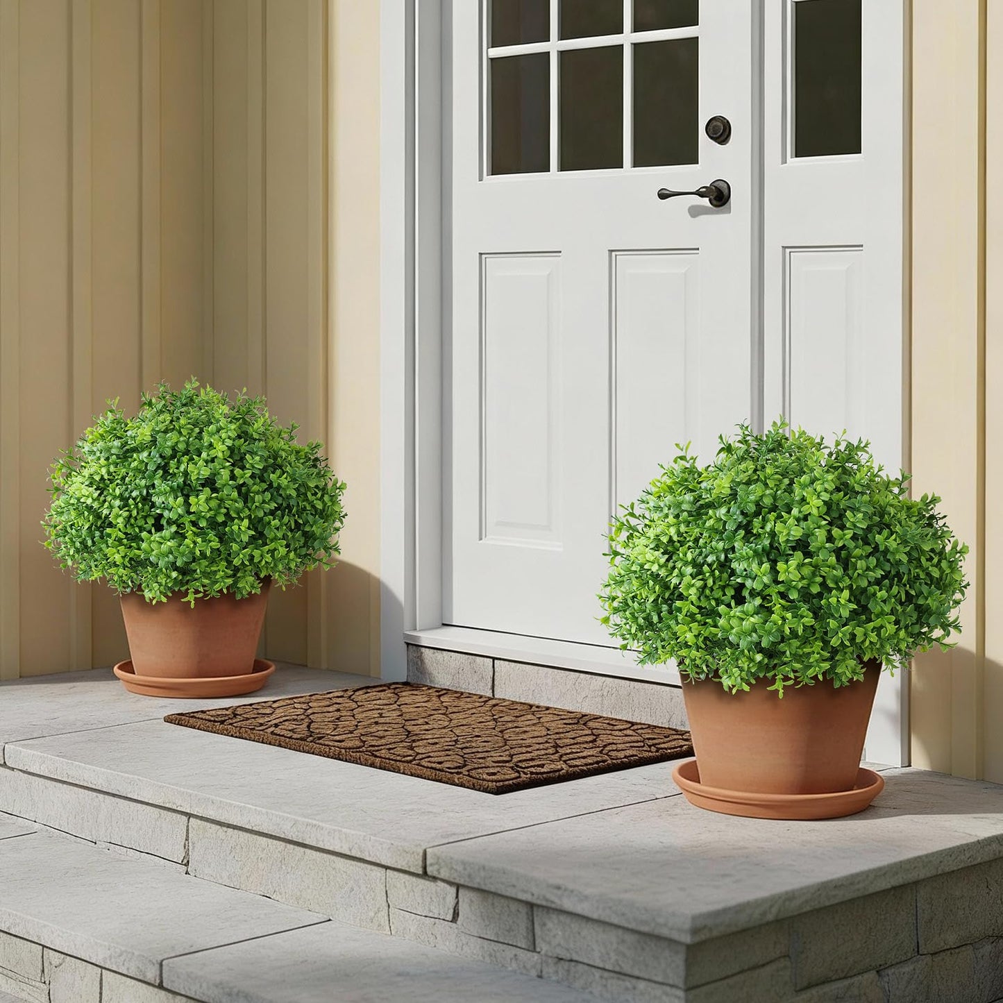 Set of 2 Artificial Boxwood Topiary Ball Trees - UV Resistant Faux Boxwood Potted Plants, Spring Summer Greenery Fake Bushes for Front Door Farmhouse Garden Porch Outdoor Decor