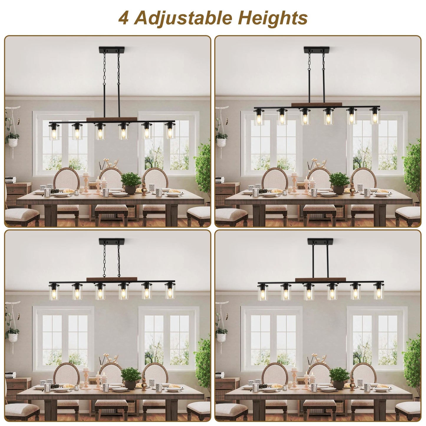 47.2'' Kitchen Island Light Fixtures, 6-Light Dining Room Light Fixture Chandelier Over Table, Black Modern Rustic Wood Ceiling Pendant Light Fixtures, with Clear Glass Shade, Farmhouse Chandelier