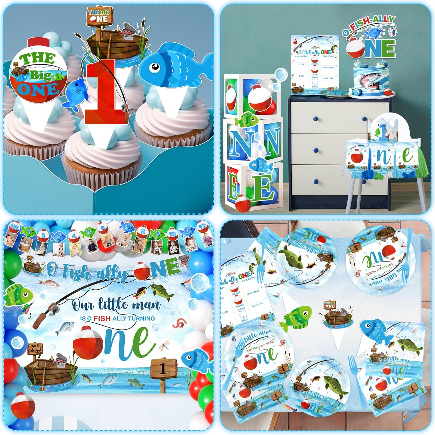 241Pcs Ofishally One Birthday Decorations,O Fishally One First Birthday Decorations for Boy, Our Little Man Is Ofishally Turning Theme Tableware Photo Banner Balloon Arch Backdrop Cake Topper
