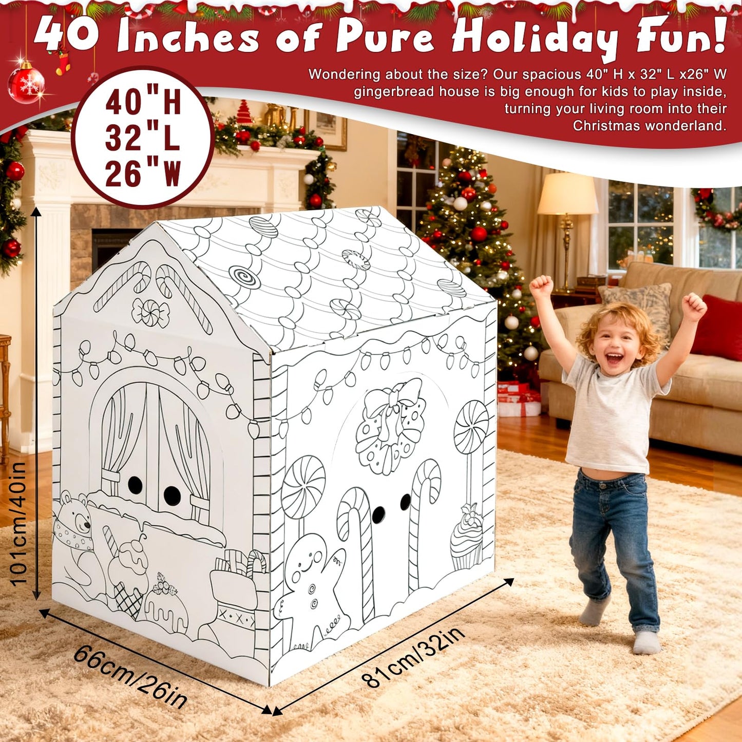kockuu Gingerbread Cardboard House to Color for Kids Toddlers, Large Gingerbread Cardboard Coloring House Playhouse Christmas Arts & Crafts Activity Indoor Fun, 40" x 32" x 26"