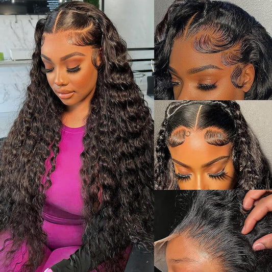 13x6 Deep Wave Lace Front Wigs Human Hair Curly Hd Transparent Lace Frontal Wig for Women Wet and Wavy Glueless Wigs Pre Plucked with Baby Hair Brazilian Hair 180% Density Natural Black 22 Inch