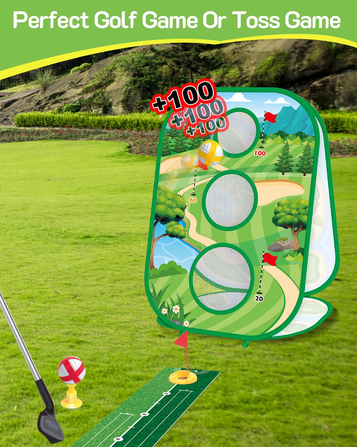 4-In-1 Kids Sticky Golf Games Set With Club, Golf Putting Practice Mat,3-Sided Golf Chipping Net, Multiple Game Modes, Golf Cornhole Board Set, Indoor & Outdoor Golf Practice For Kids & Adults