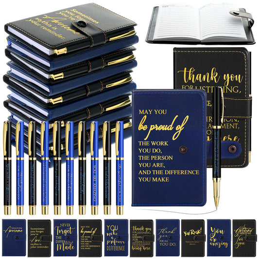 Dispowreath 20 Sets Thank You Leather Journal Notebook with Inspirational Ballpoint Pens Fathers Day Teacher Nurse Employee Gift for Police Officer Men Coworker Team (Black and Blue,Appreciation Sign)