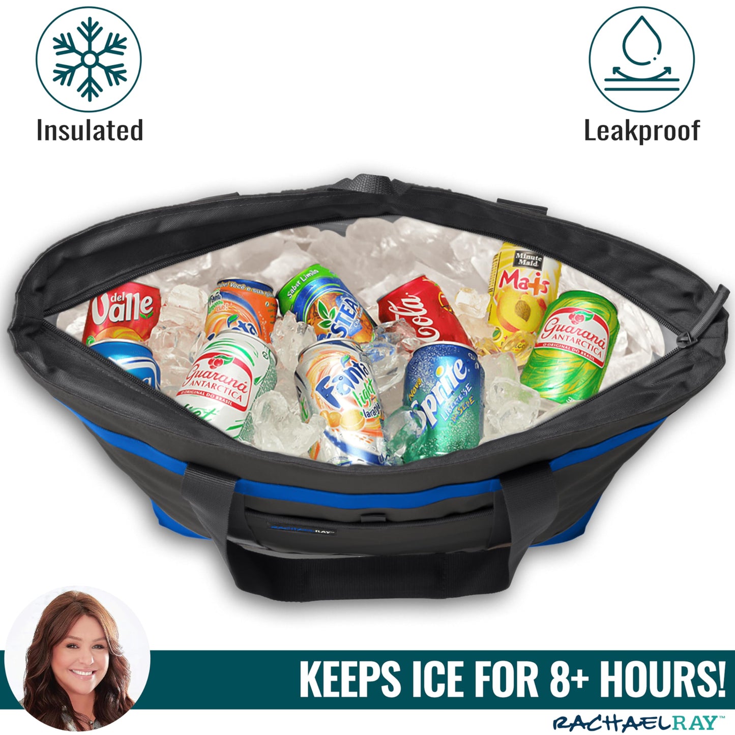 Rachael Ray Jumbo Chillout Thermal Tote, Insulated Soft Sided Cooler Bag, Foldable Reusable and Leak Proof Food Grocery Bag, Portable Travel Cooler, Hot or Cold Carrier, Black