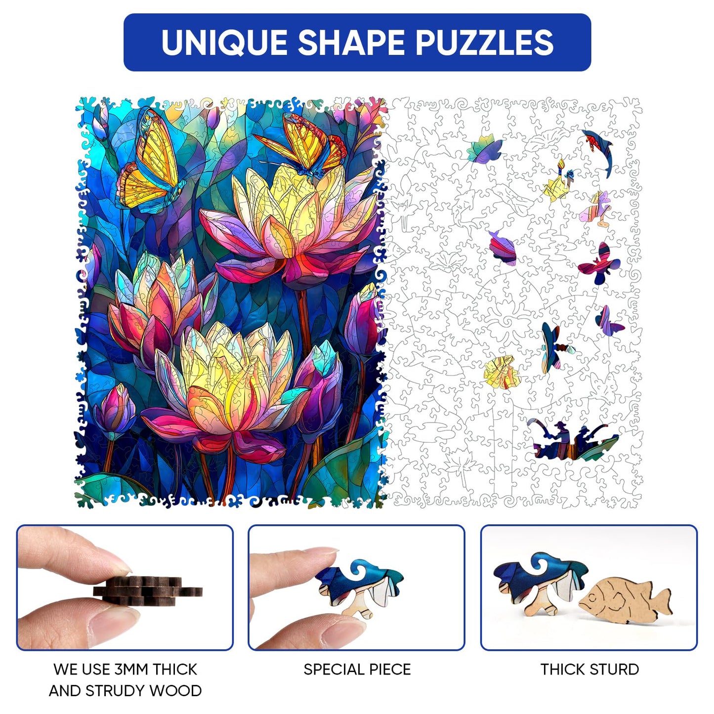 MEATRN Butterfly Lotus Wooden Puzzles for Adults 500 Pcs, 16.5x16.5 in, Fun Educational Wood Puzzle, Handmade Decorative Gift, Relaxing Wood Puzzle Game for Family & Friends