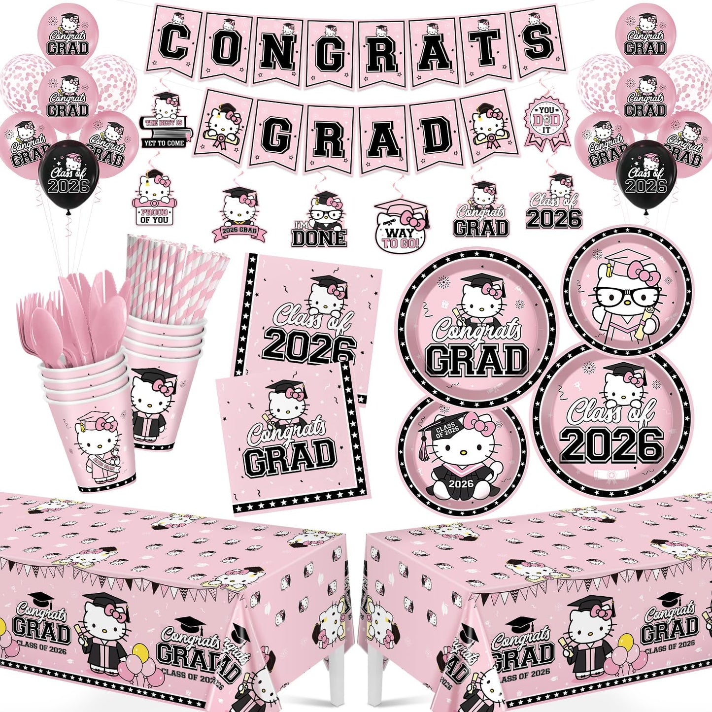 Pink Graduation Decorations, 249Pcs Graduation Party Tableware Supplies with Disposable Plates Napkins Cups Tablecloth and Congrats Grad Banner for Class of 2026 Party Decorations, Serves 24