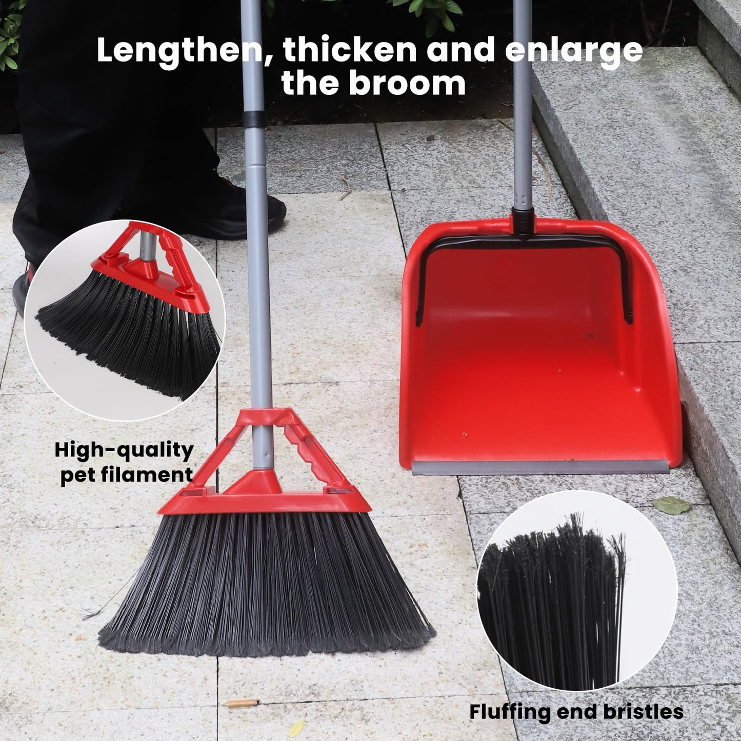 Commercial Broom and Dustpan Set, Jumbo Lobby Debris Dustpan (14inch*14inch), Heavy Duty Broom (14inch Width), 2 Sets, Red,for Indoor and Outdoor Cleaning,Red