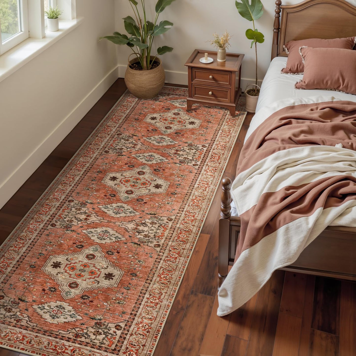 Tangsoo 2.6x8 Washable Runner Rug for Hallways, Non Slip Vintage Runner Rug, Soft Low Pile Long Rug Runner, Print Distressed Terracotta Carpet Runners for Kitchen Bedroom Entryway Bathroom Living Room