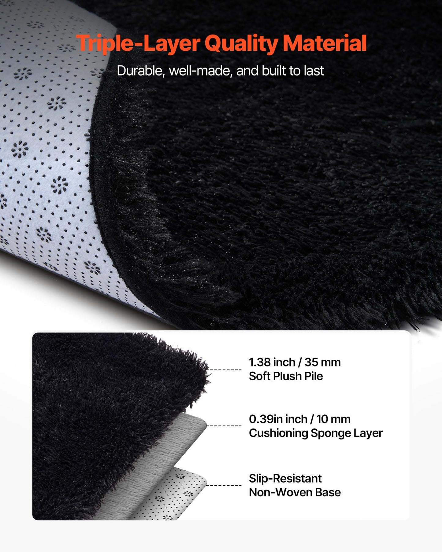 VEVOR Indoor Plush Area Rug, 8x10 ft Plush Carpet, Living Room Area Rug Fluffy with Triple-Layer Material, Soft Thick Pile Large Areas Rugs Shag for Bedroom, Lounge Area, Non-Shedding, Black