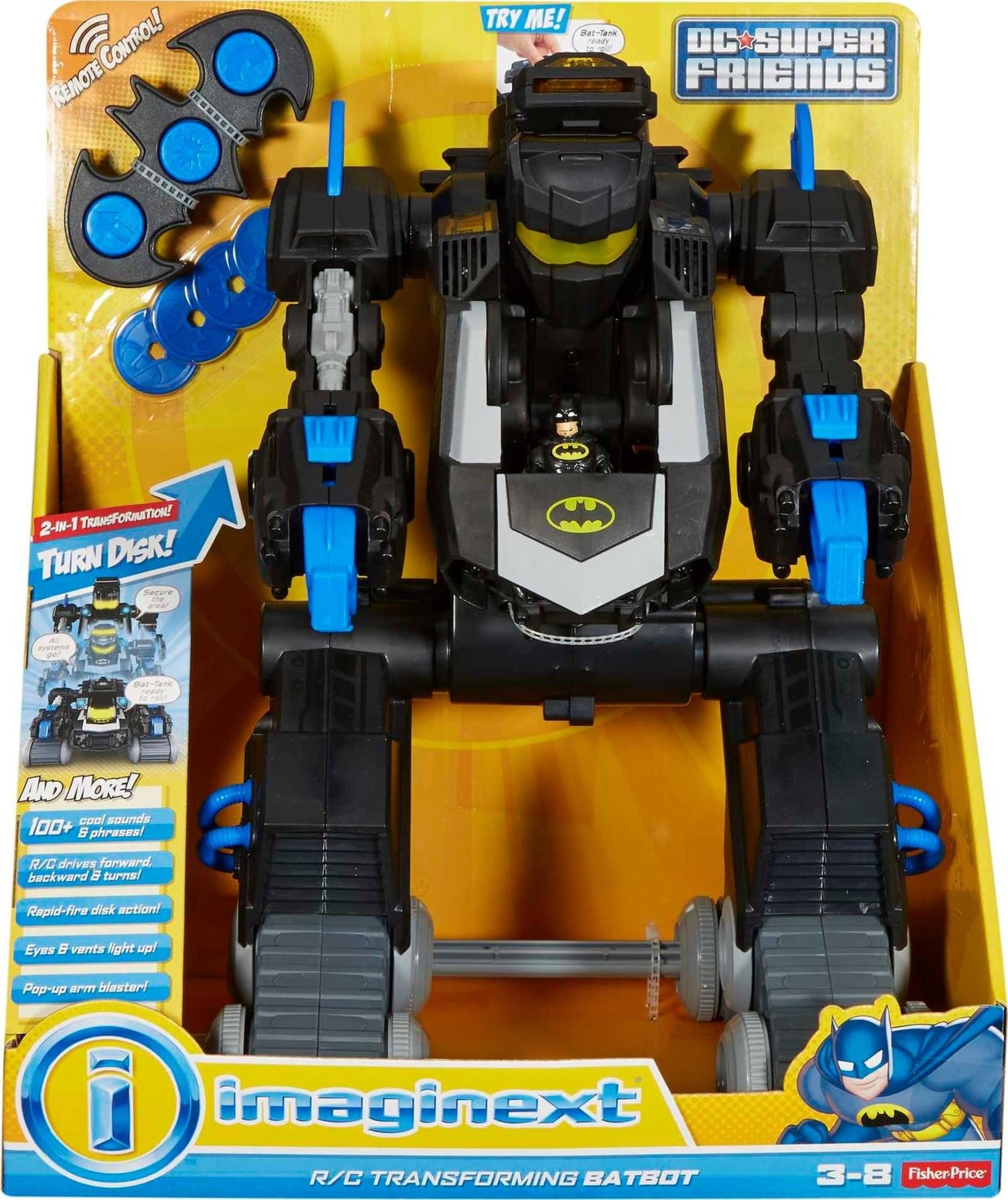 Fisher-Price Imaginext DC Super Friends RC Toy Transforming Batbot 2-in-1 Robot to Vehicle with Lights, Sounds & Phrases, Remote Controller, Plus 1 Small Figure & 4 Launcher Disks