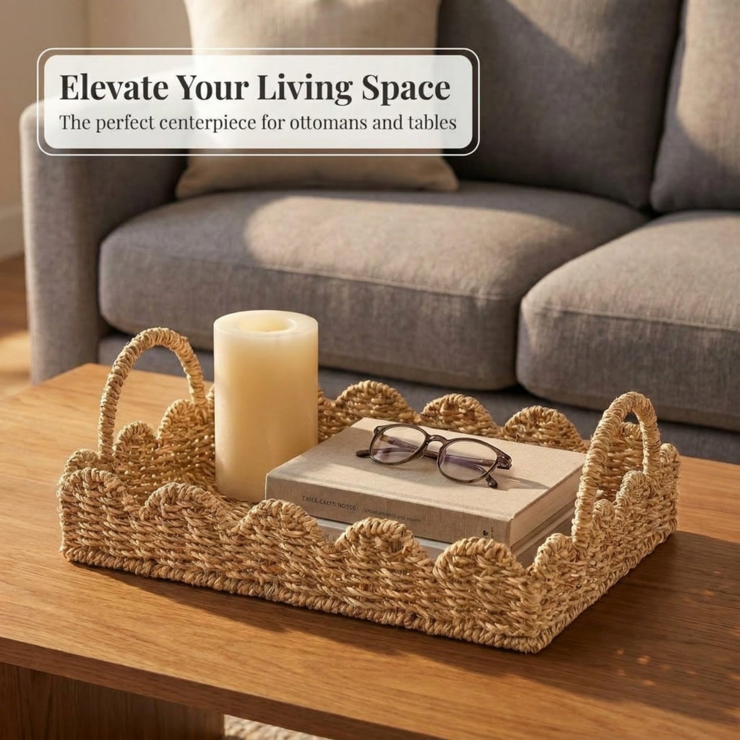 Household Essentials Seagrass Decorative Tray with Scalloped Edge, Handwoven Natural Wicker Organizer Basket with Handles & Iron Frame for Coffee Tables, Bathrooms & Countertops