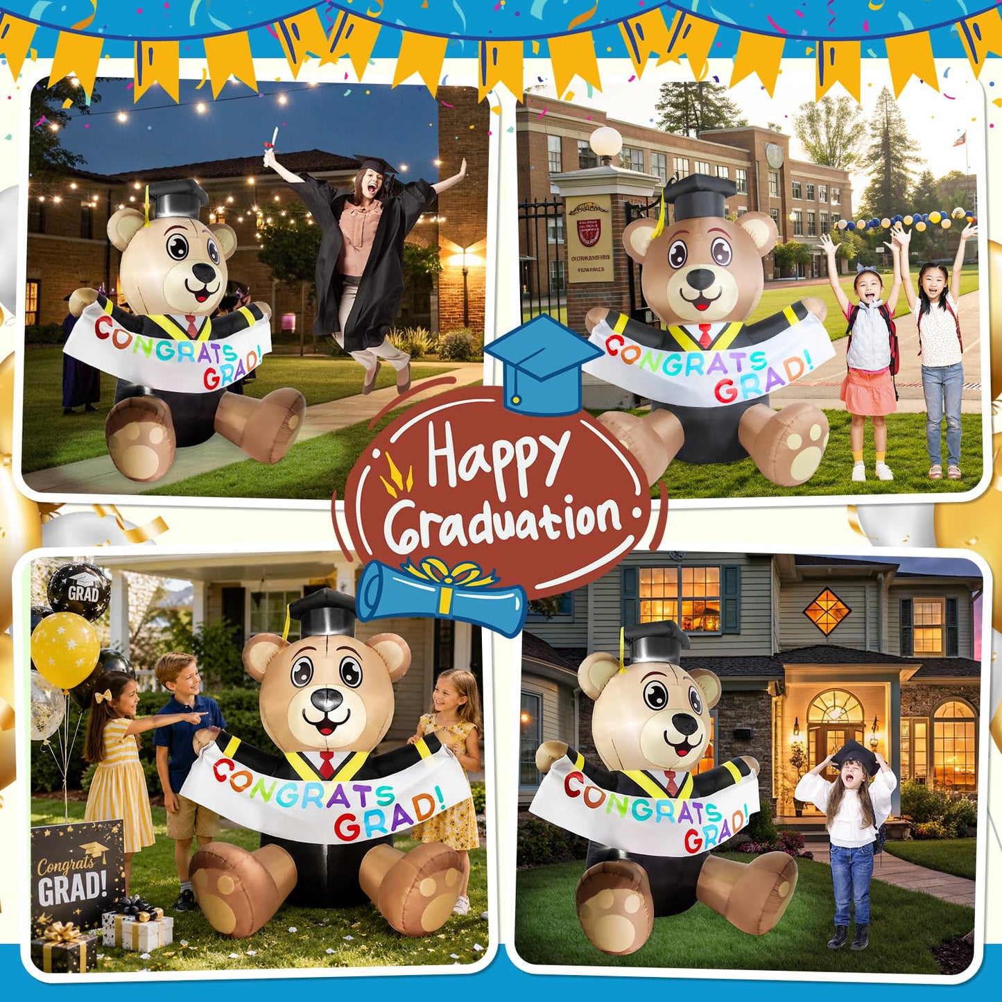 Boveco 6FT Graduation Inflatable Decoration Bear Blow Up Yard Decorations Bear with LED Lights Indoor & Outdoor Vacation Yard Garden Lawn Décor Commencement Season Graduation Ceremony