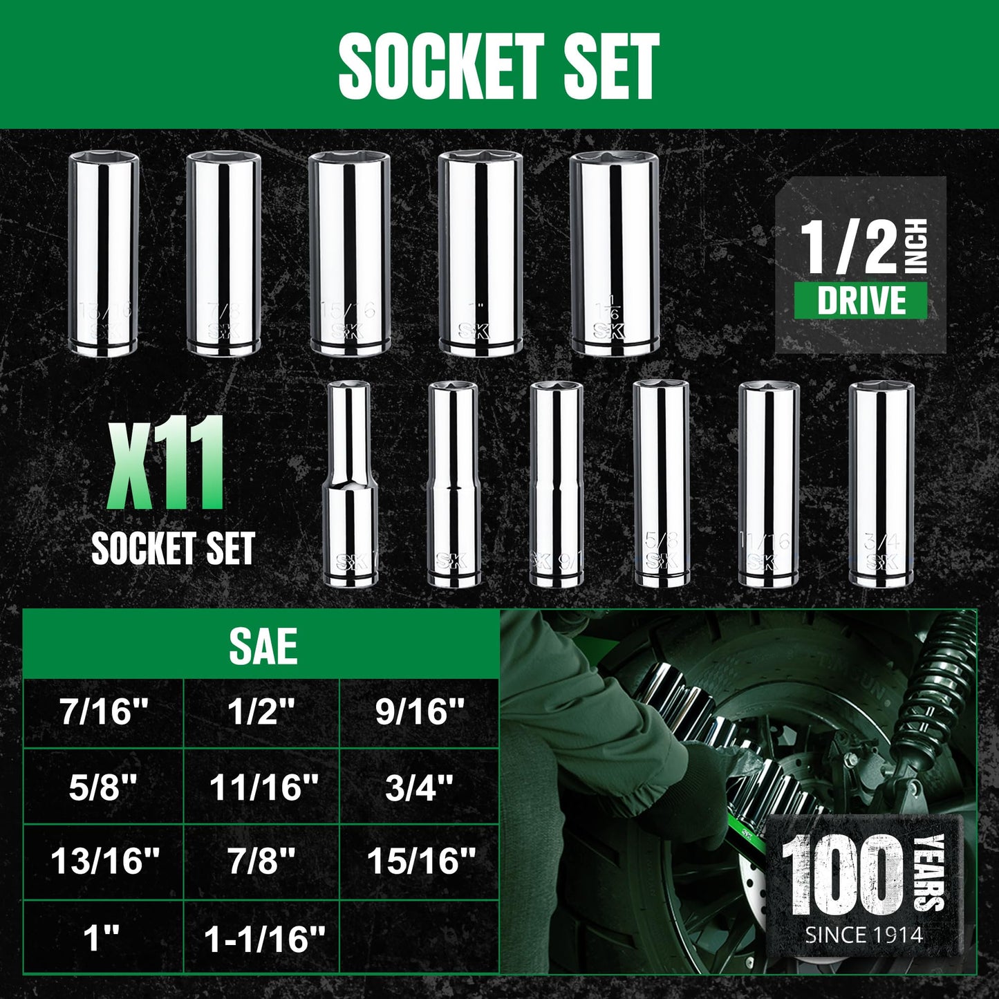 SK 1/2" Drive Socket Set, Deep SAE Sockets, 11-Piece 7/16" to 1-1/16", SuperKrome Finish, Premium CR-V Construction, with Aluminum Socket Organizer