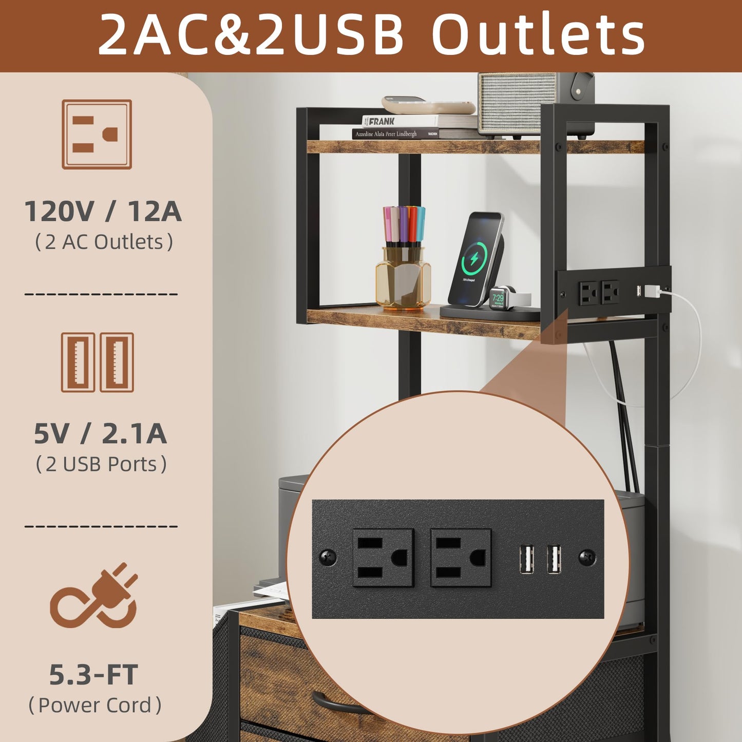 HIGDBFE 3 Drawer File Cabinet with Charging Station, 45''H, 3-Tier Small Filing Cabinet for Home Office, 11''*16'' for Small Printer, Fabric Drawer Fits Letter/A4, Tall Printer Stand, Rustic Brown