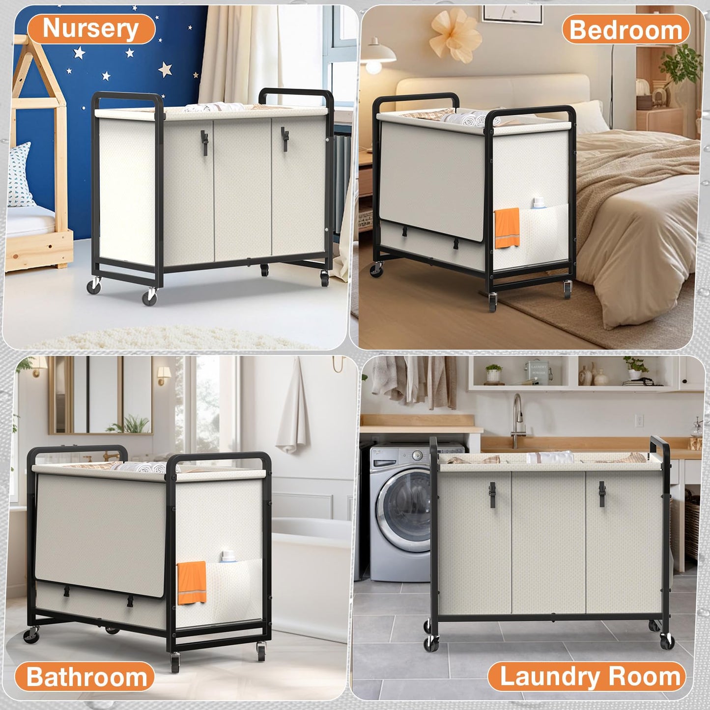 60 Gal (230L) Laundry Sorter 3 Section with Lid, Laundry Hamper Cart with Heavy Duty Rolling Lockable Wheels and Metal Handle,Laundry Basket Organizer with Removable Bag for Laundry Room - White