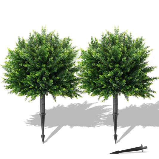 26" Artificial Cypress Topiary, 2pcs Artificial Cedar Topiary Ball Trees with Ground Spike, Outdoor Faux Shrubs with UV Resistant, Lasting Evergreen Bushes Push in Ground Plants for Front Porch